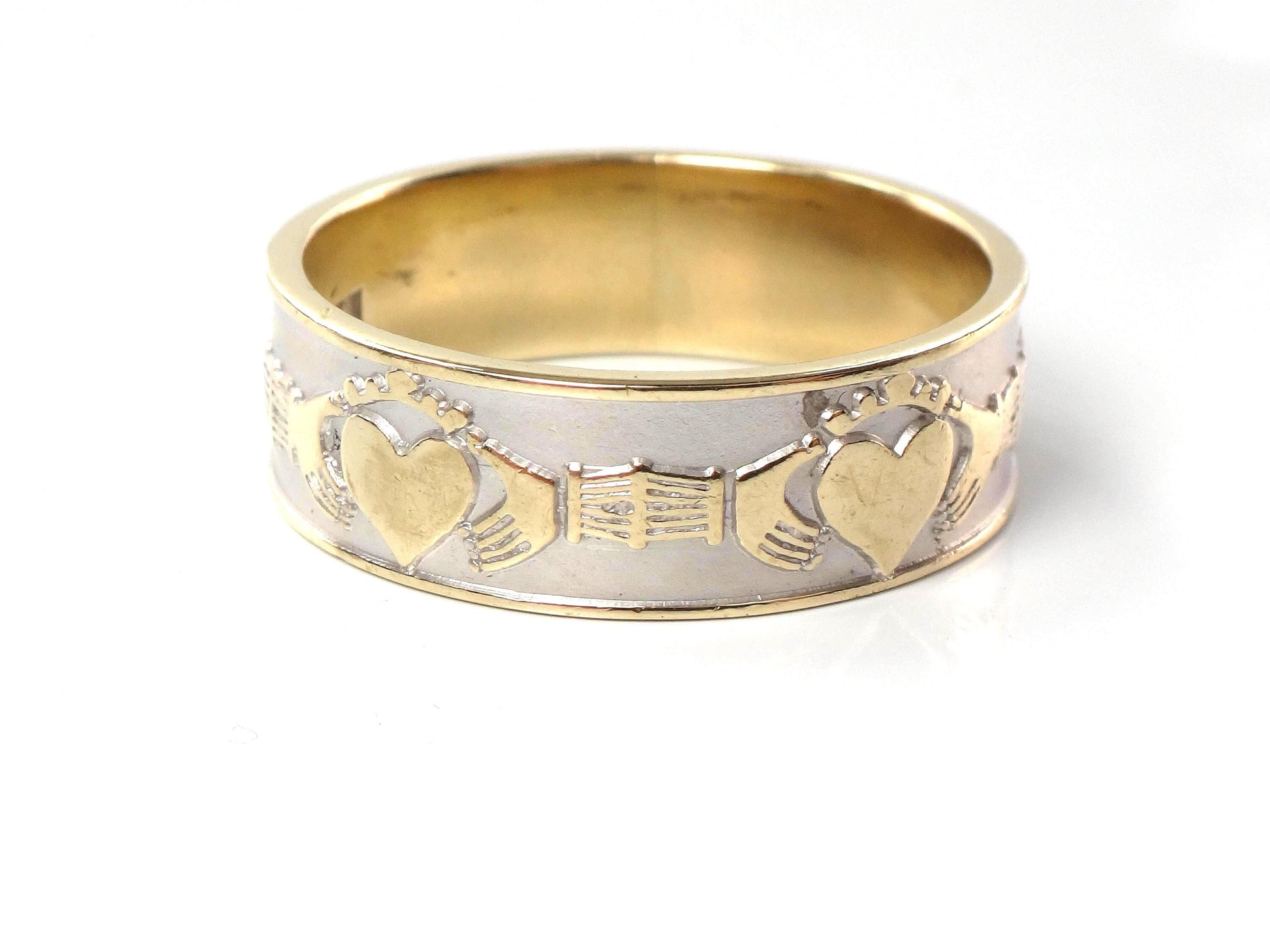 Vintage 14k Gold Claddagh Wedding Band: Made in Ireland, Irish Hallmarks, Size 10.75-BelmarJewelers