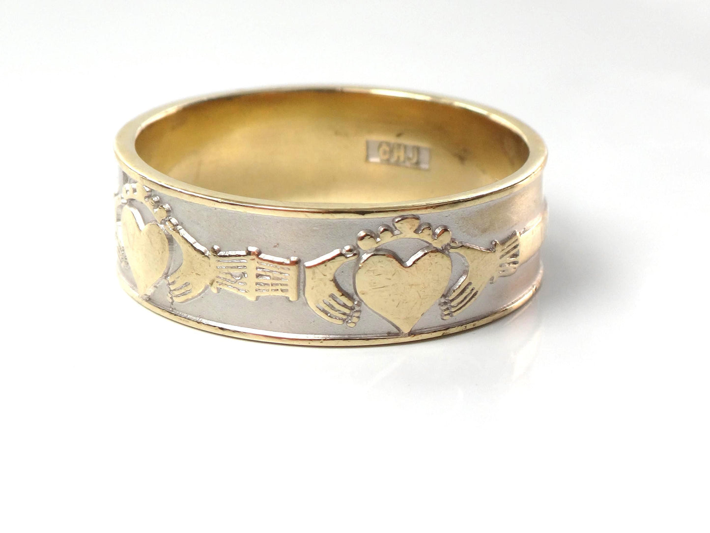 Vintage 14k Gold Claddagh Wedding Band: Made in Ireland, Irish Hallmarks, Size 10.75-BelmarJewelers