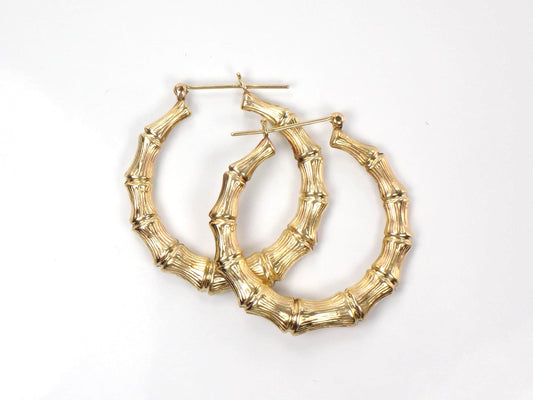 Vintage 14k Yellow Gold Bamboo Hoop Earrings 1 1/4"-BelmarJewelers