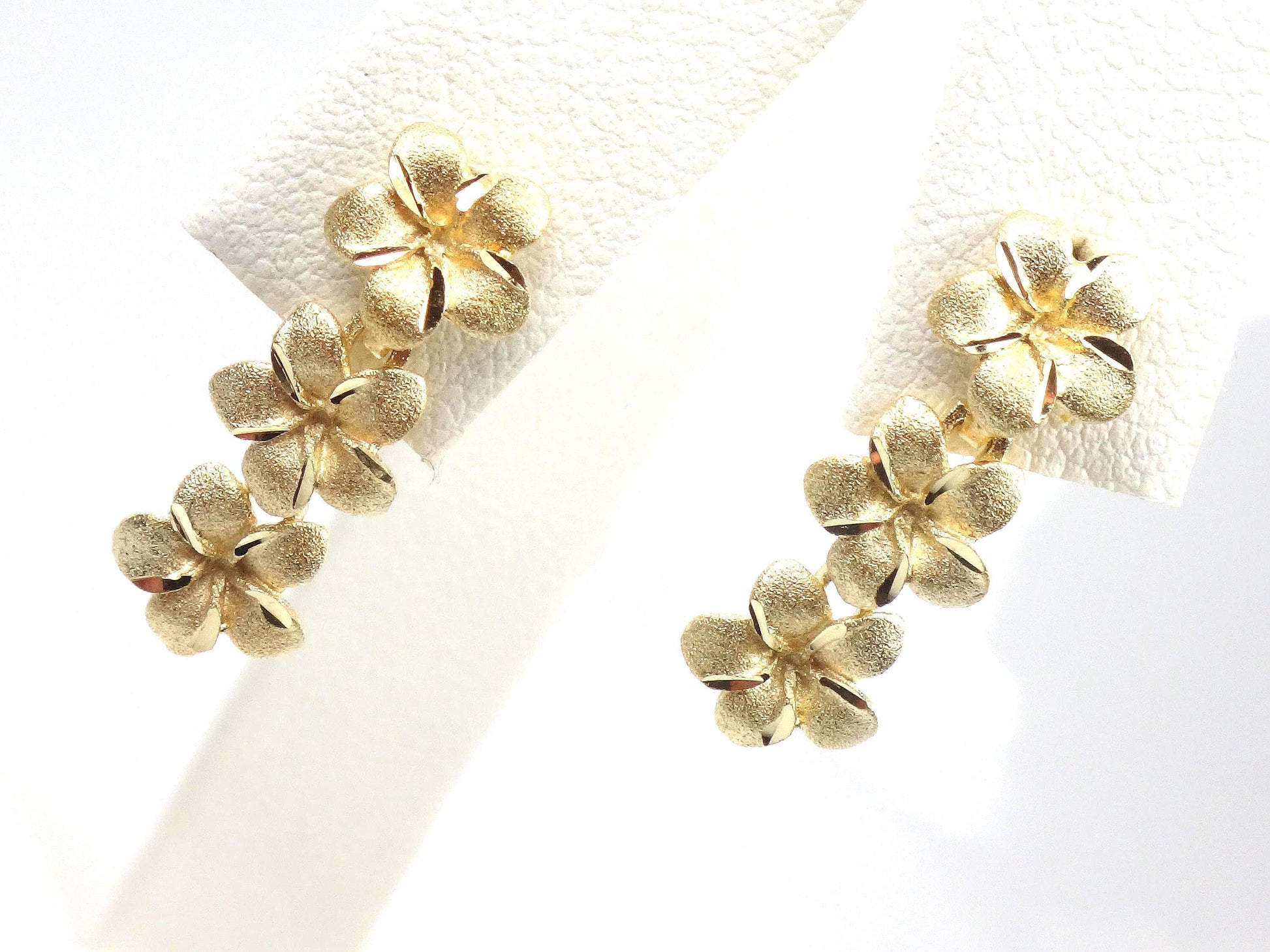 Vintage 14k Yellow Gold Plumeria Flower Dangle Earrings-BelmarJewelers
