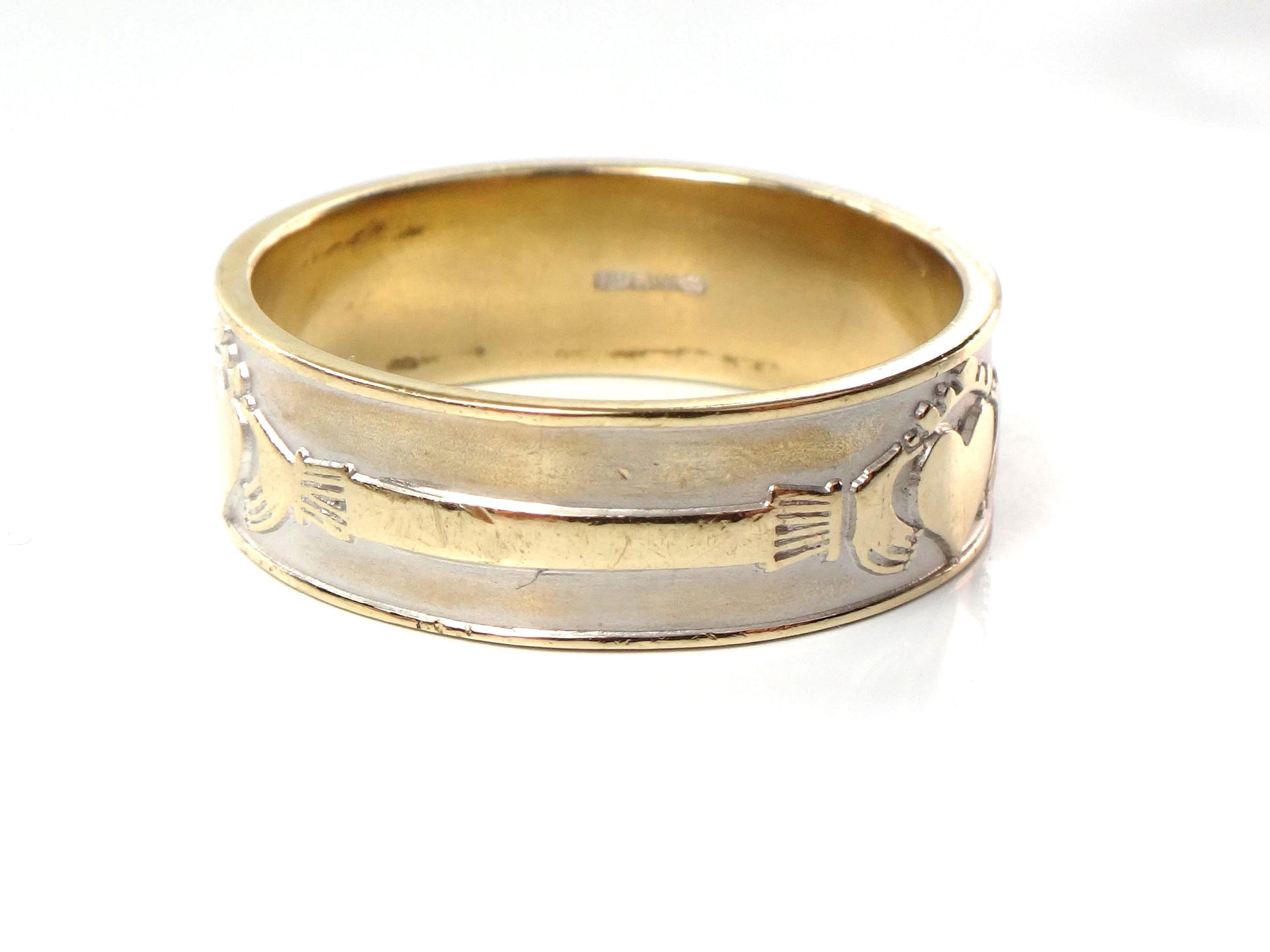 Vintage 14k Gold Claddagh Wedding Band: Made in Ireland, Irish Hallmarks, Size 10.75-BelmarJewelers