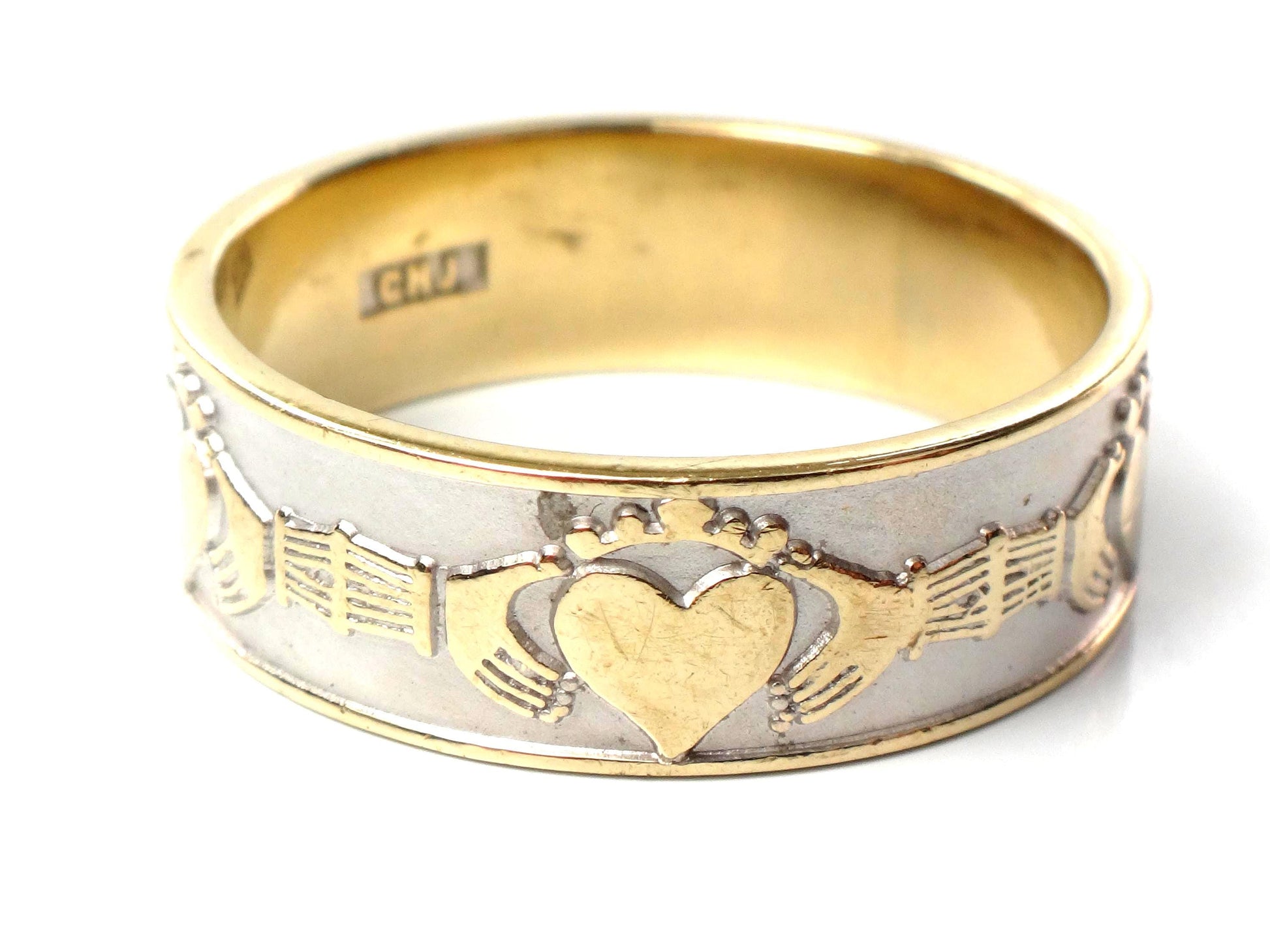 Vintage 14k Gold Claddagh Wedding Band: Made in Ireland, Irish Hallmarks, Size 10.75-BelmarJewelers