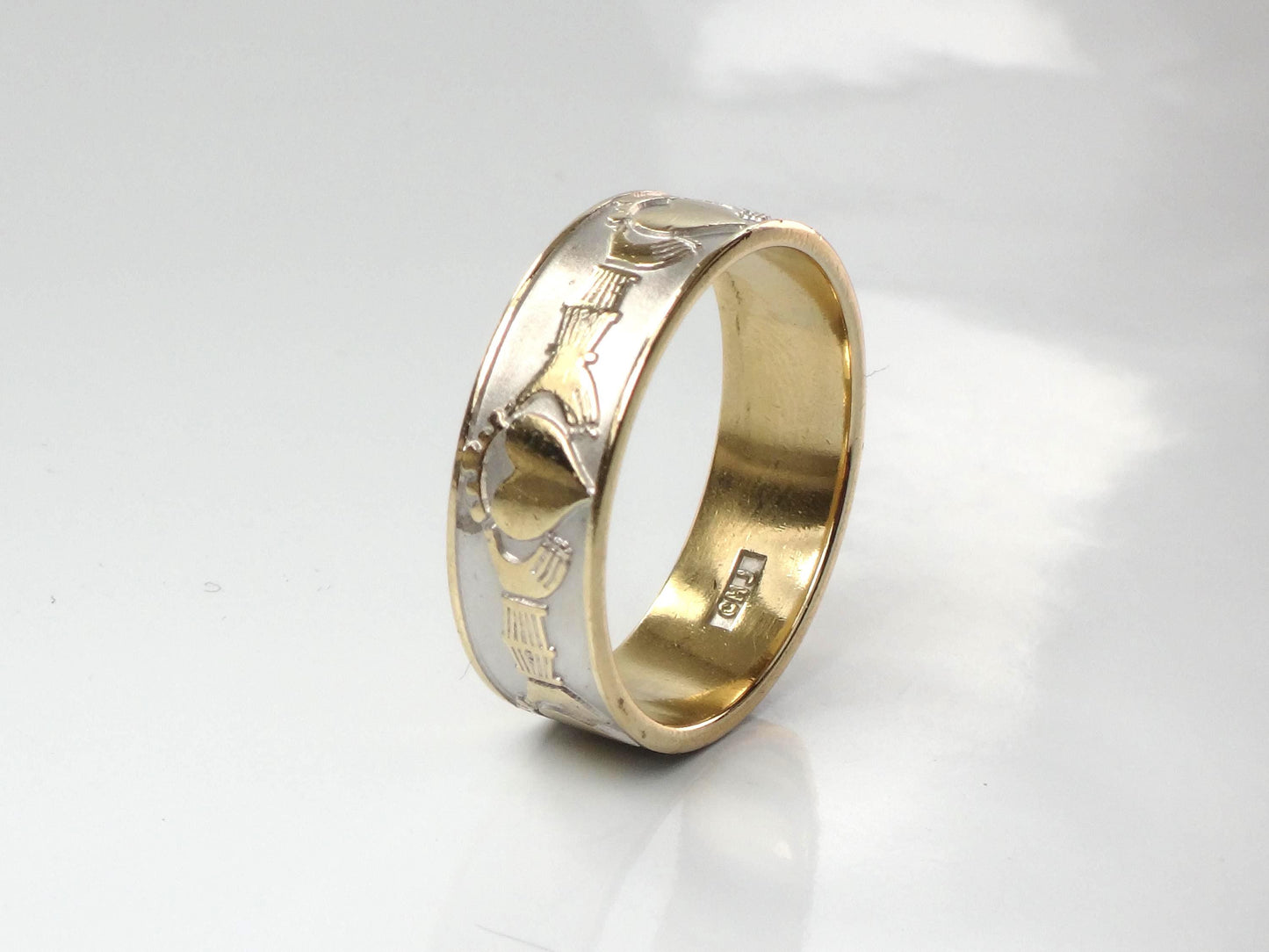 Vintage 14k Gold Claddagh Wedding Band: Made in Ireland, Irish Hallmarks, Size 10.75-BelmarJewelers