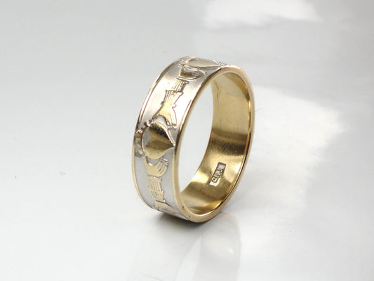 Vintage 14k Gold Claddagh Wedding Band: Made in Ireland, Irish Hallmarks, Size 10.75-BelmarJewelers