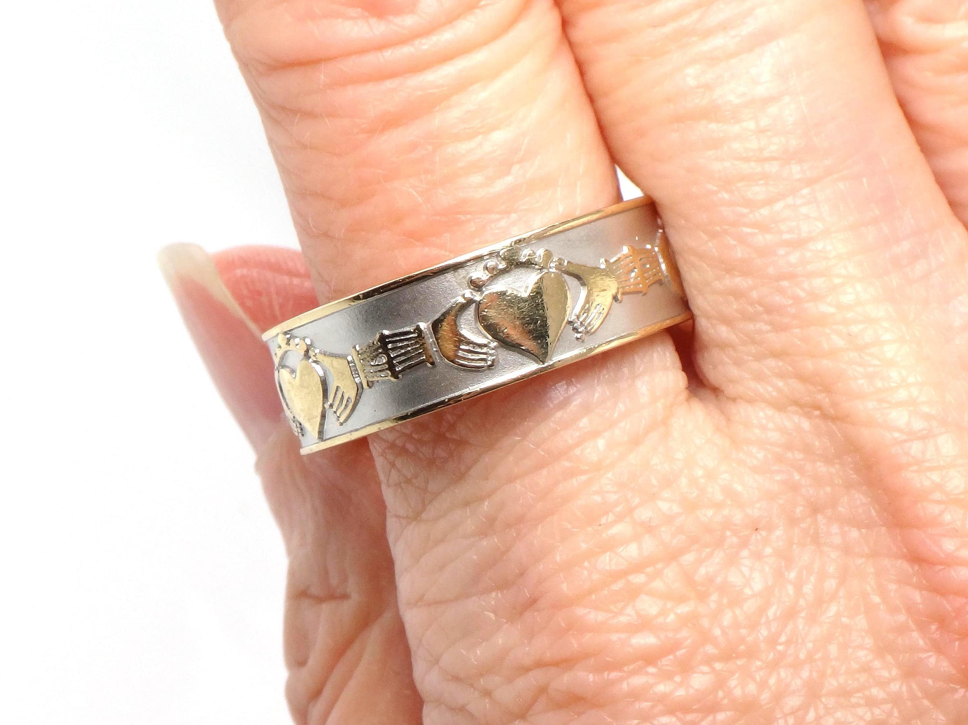 Vintage 14k Gold Claddagh Wedding Band: Made in Ireland, Irish Hallmarks, Size 10.75-BelmarJewelers