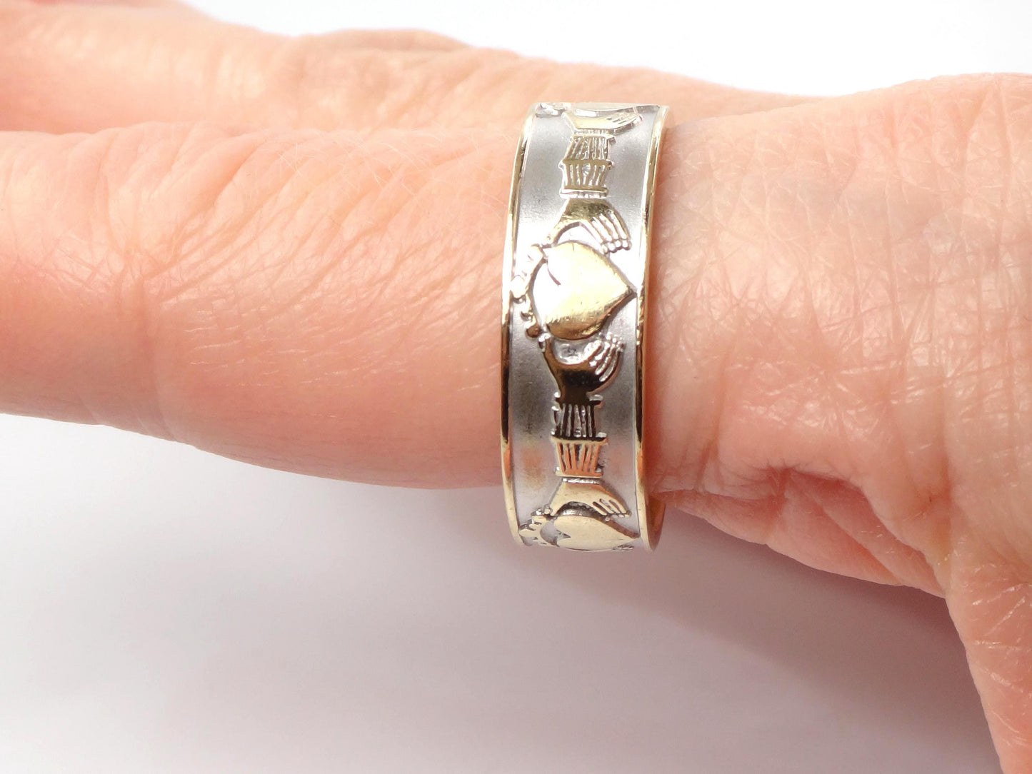 Vintage 14k Gold Claddagh Wedding Band: Made in Ireland, Irish Hallmarks, Size 10.75-BelmarJewelers