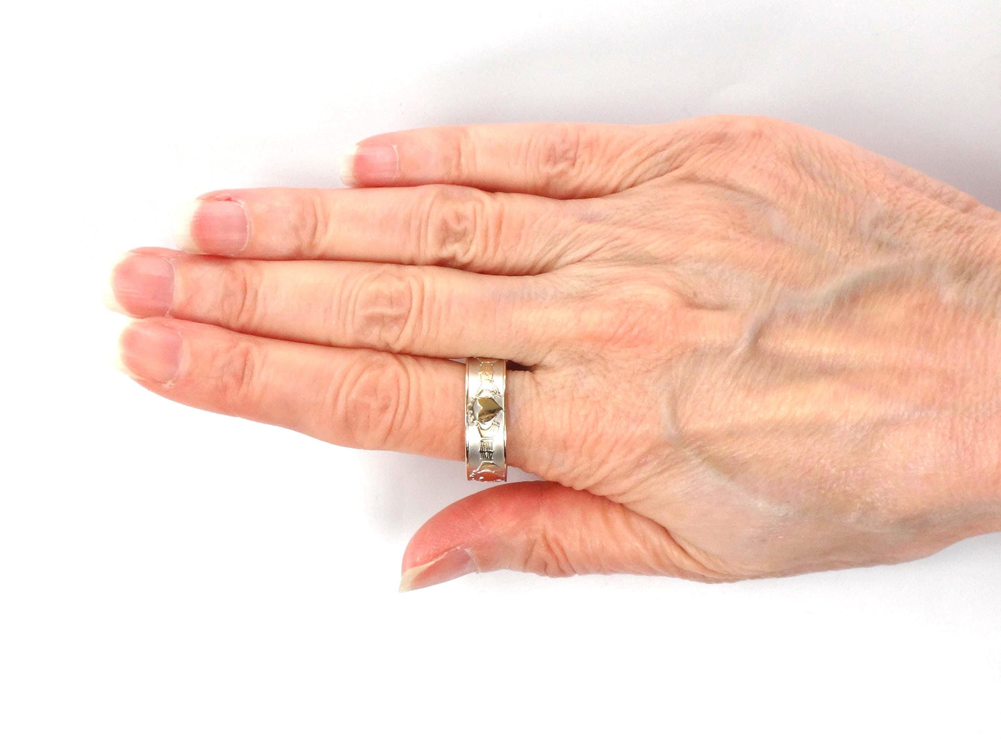 Vintage 14k Gold Claddagh Wedding Band: Made in Ireland, Irish Hallmarks, Size 10.75-BelmarJewelers
