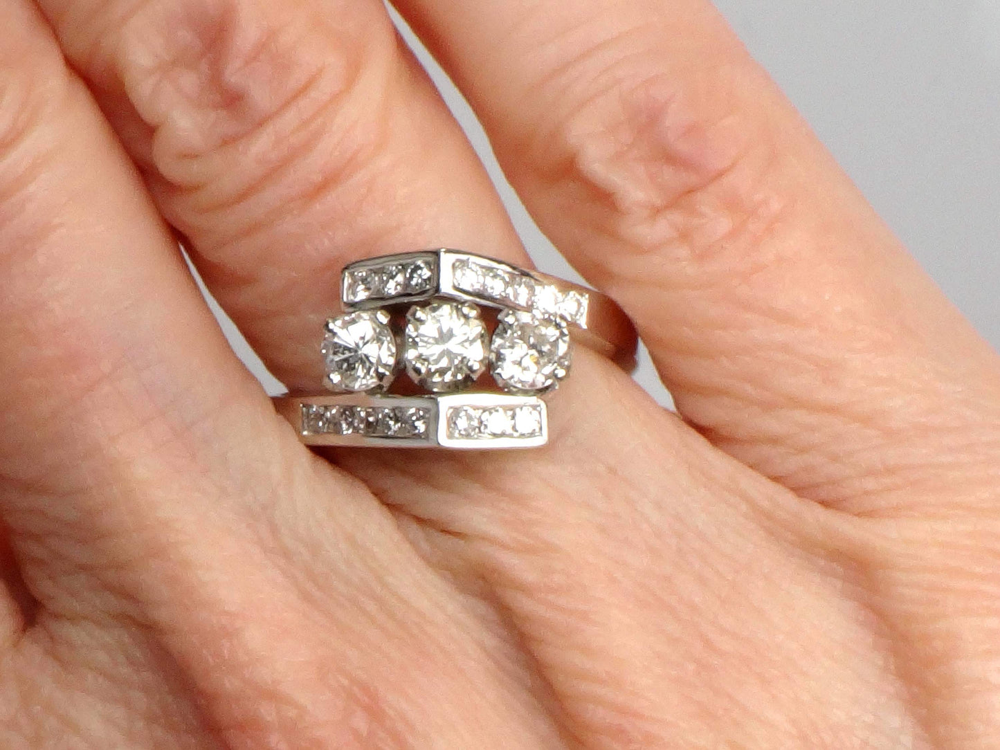 Vintage 14k White Gold Three Diamond Ring: 1.15 CT TDW, Size 6.75-BelmarJewelers
