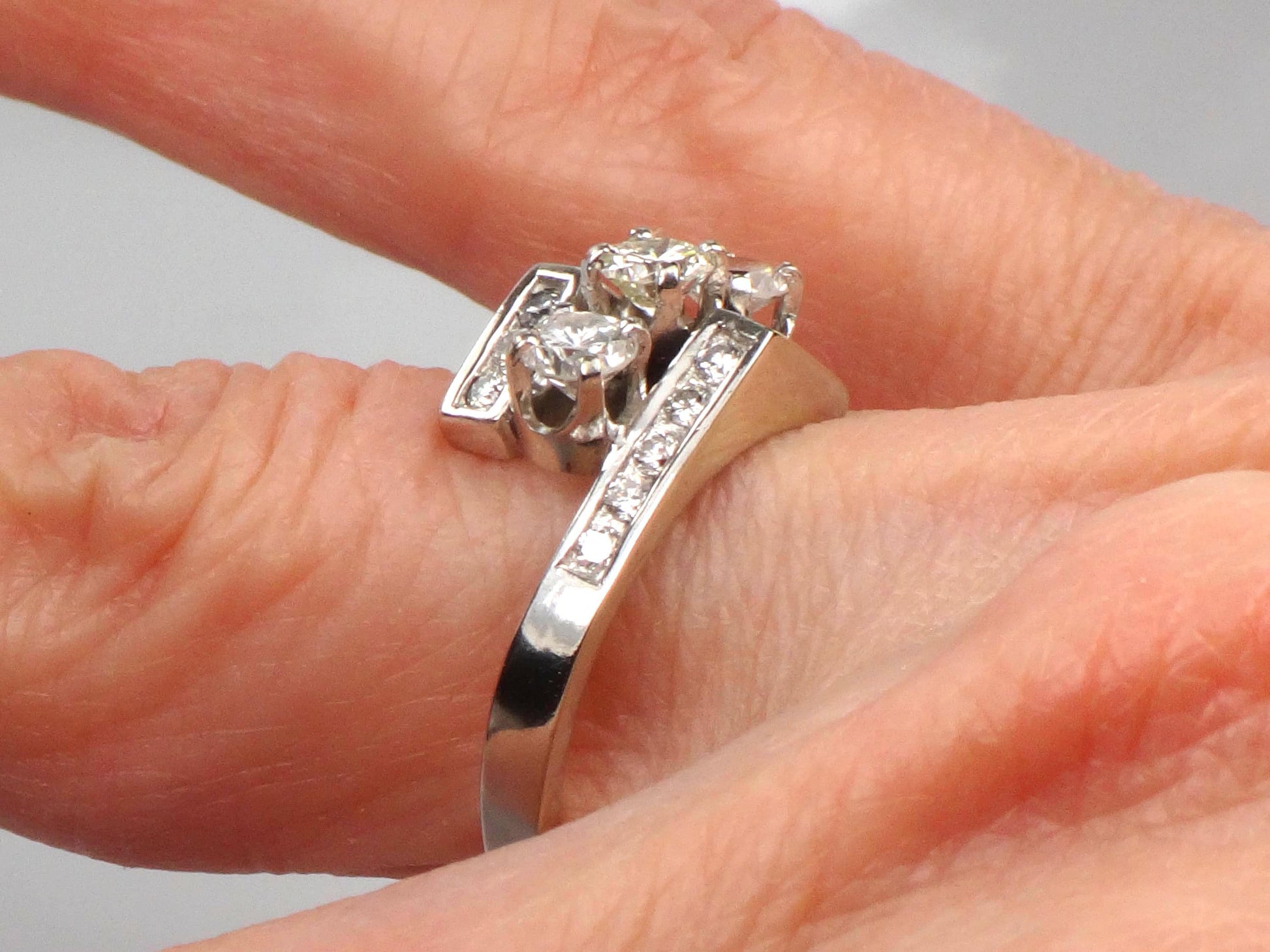 Vintage 14k White Gold Three Diamond Ring: 1.15 CT TDW, Size 6.75-BelmarJewelers