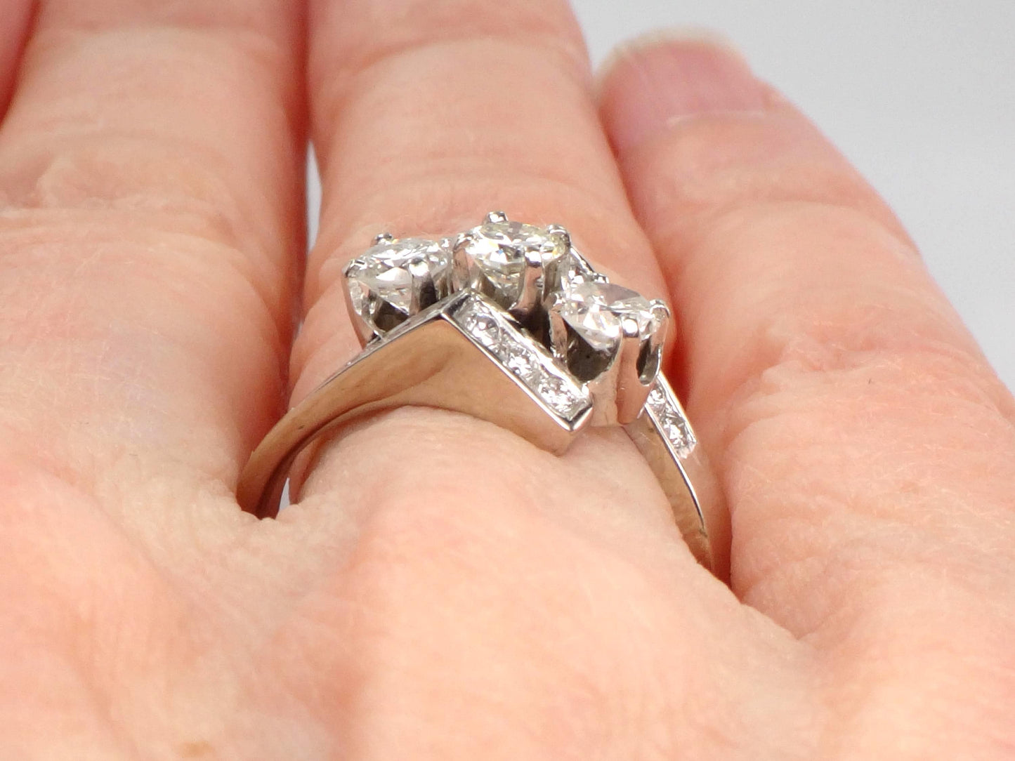 Vintage 14k White Gold Three Diamond Ring: 1.15 CT TDW, Size 6.75-BelmarJewelers