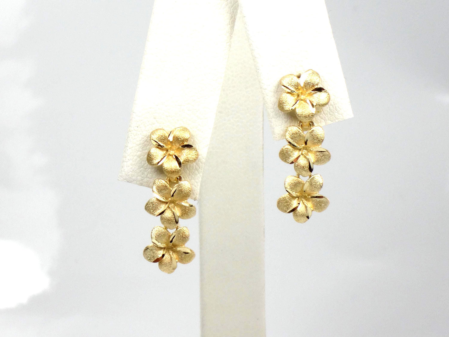 Vintage 14k Yellow Gold Plumeria Flower Dangle Earrings-BelmarJewelers