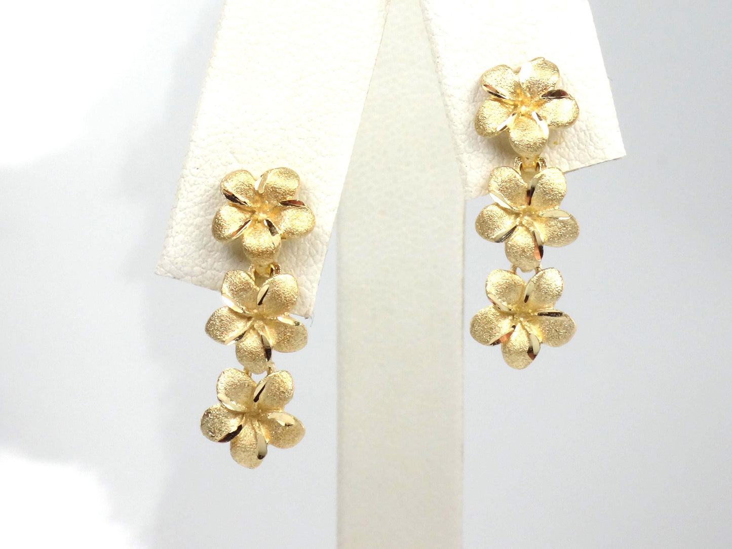 Vintage 14k Yellow Gold Plumeria Flower Dangle Earrings-BelmarJewelers