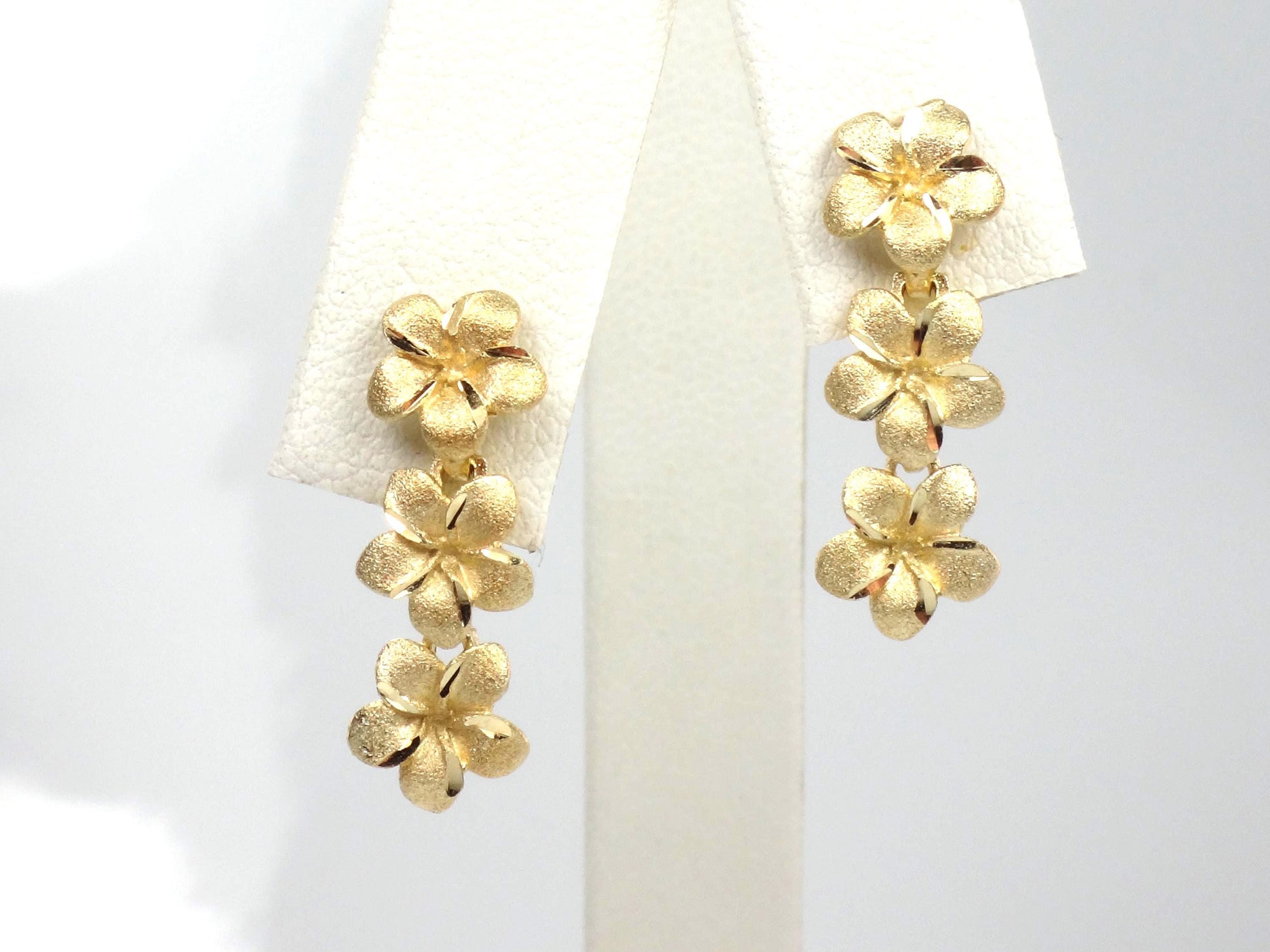 Vintage 14k Yellow Gold Plumeria Flower Dangle Earrings-BelmarJewelers