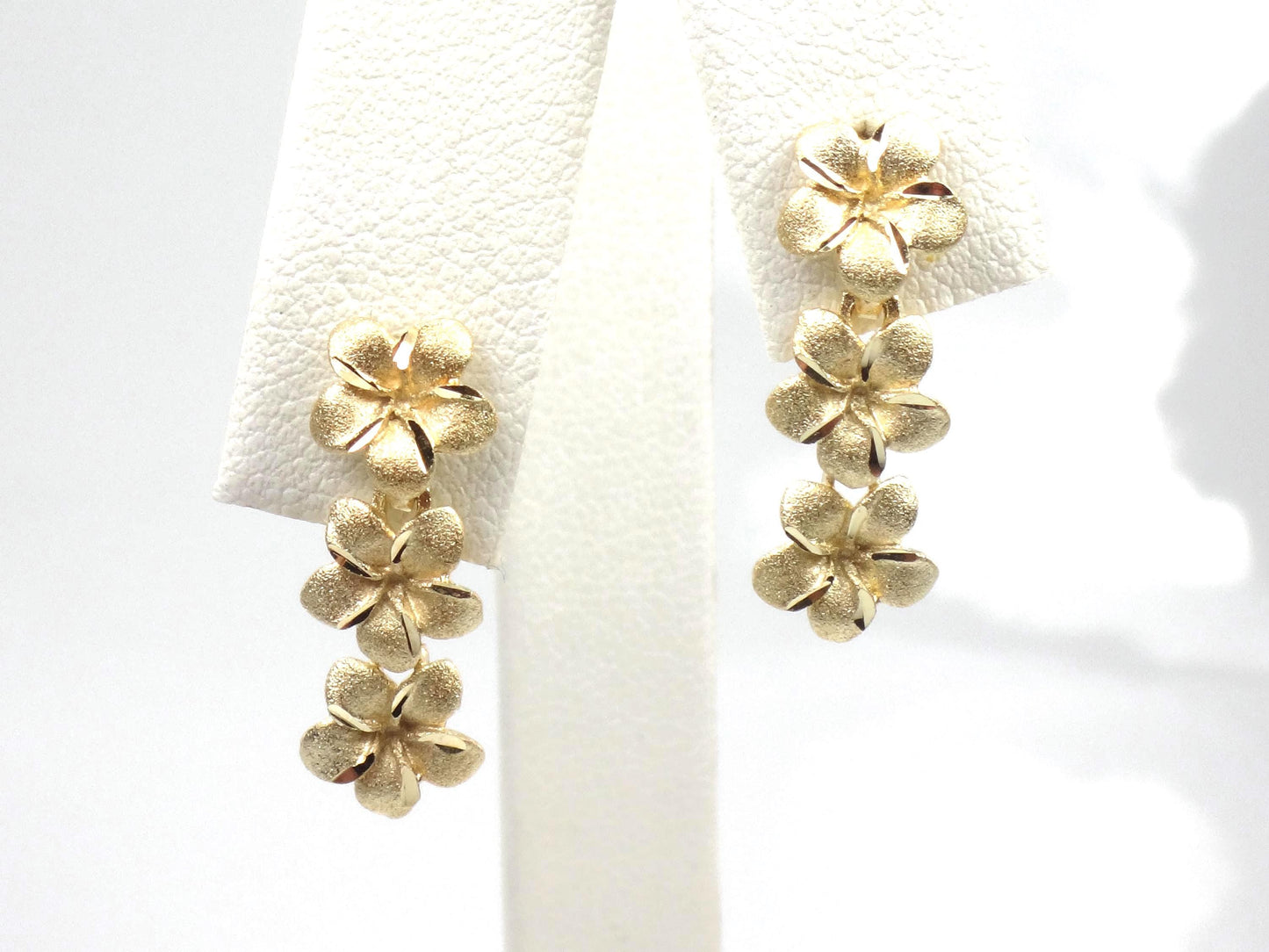 Vintage 14k Yellow Gold Plumeria Flower Dangle Earrings-BelmarJewelers
