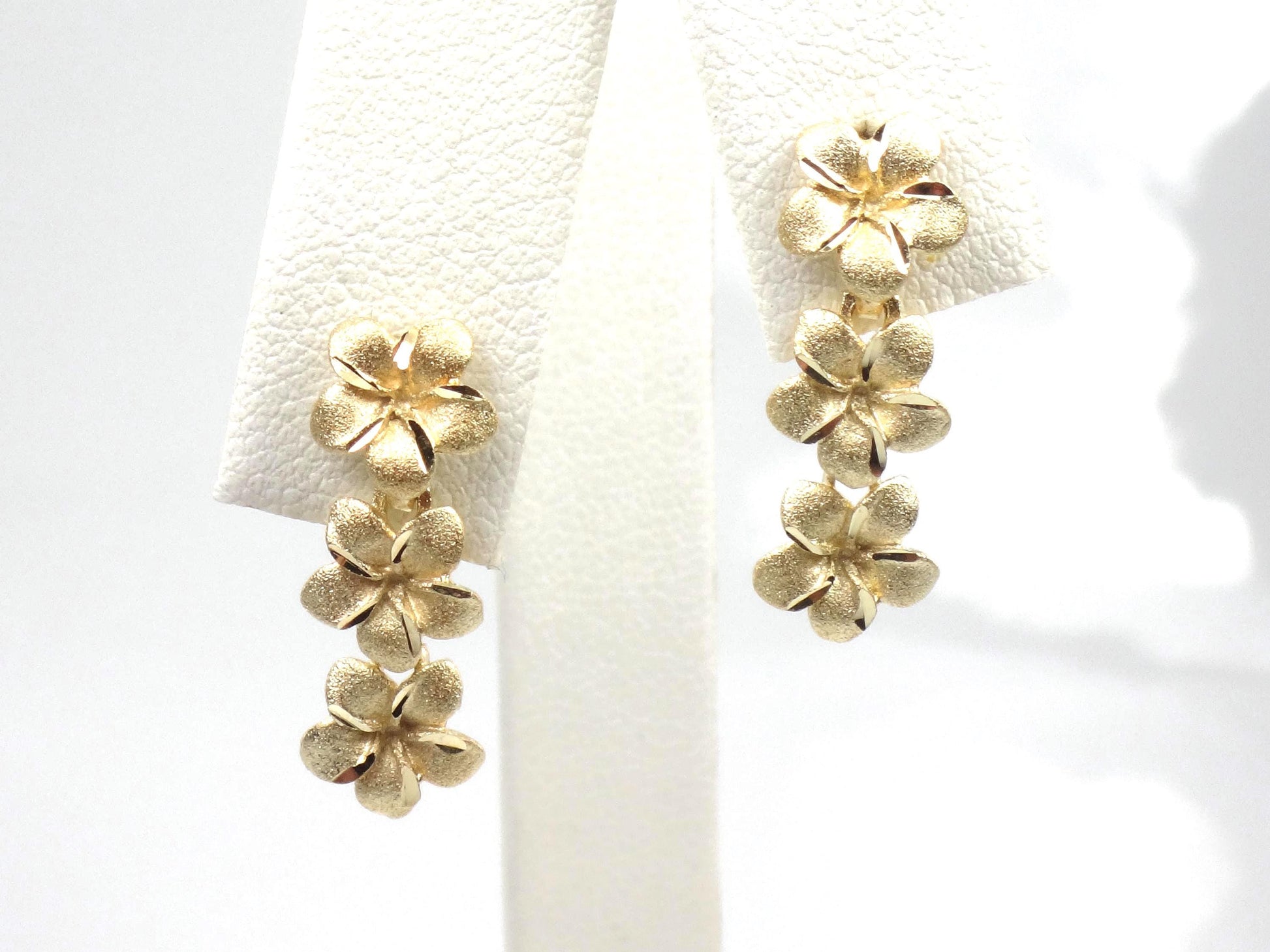 Vintage 14k Yellow Gold Plumeria Flower Dangle Earrings-BelmarJewelers