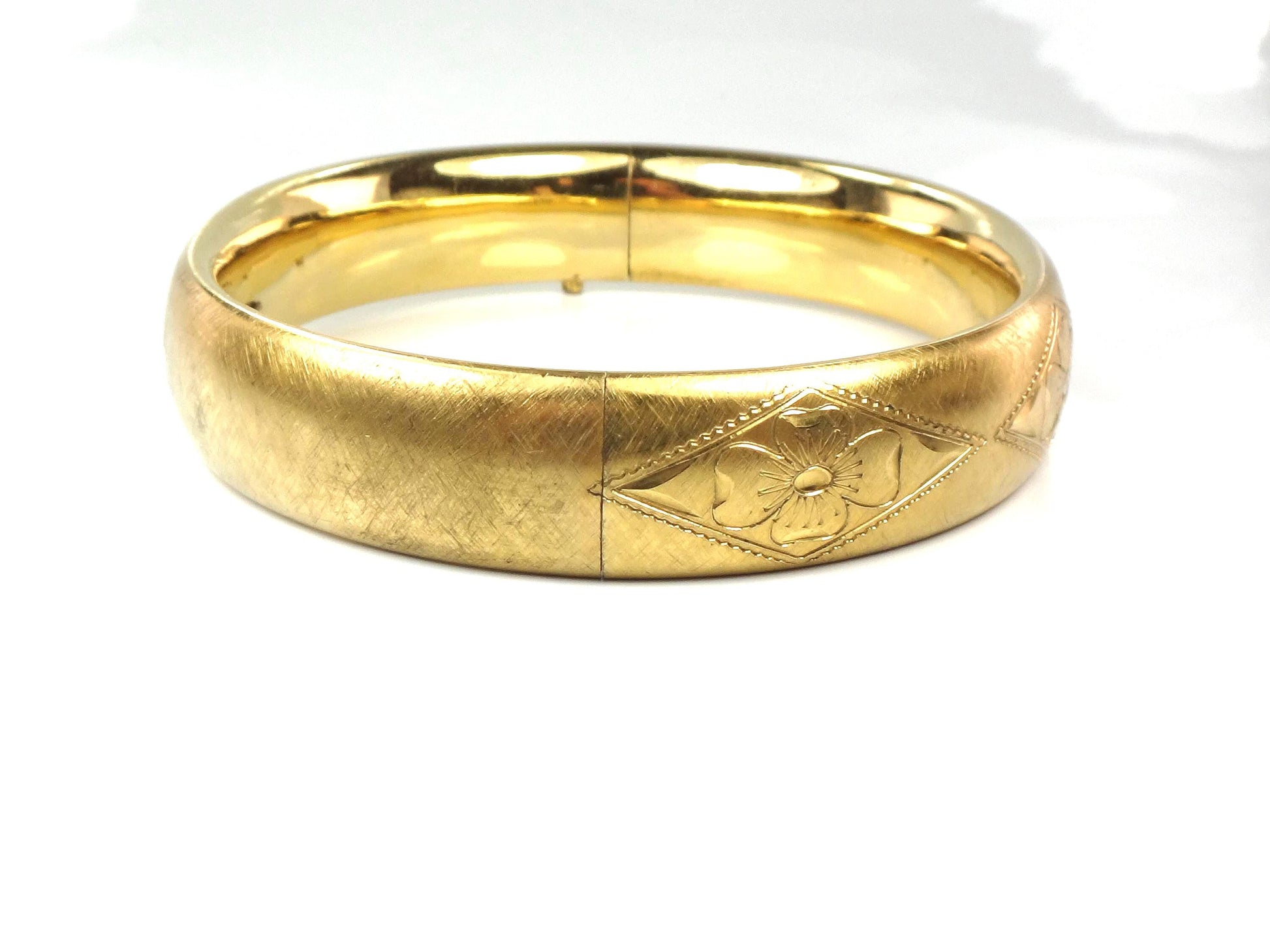 Vintage Rine 12k Gold Filled Engraved Floral Hinged Bangle Bracelet-BelmarJewelers