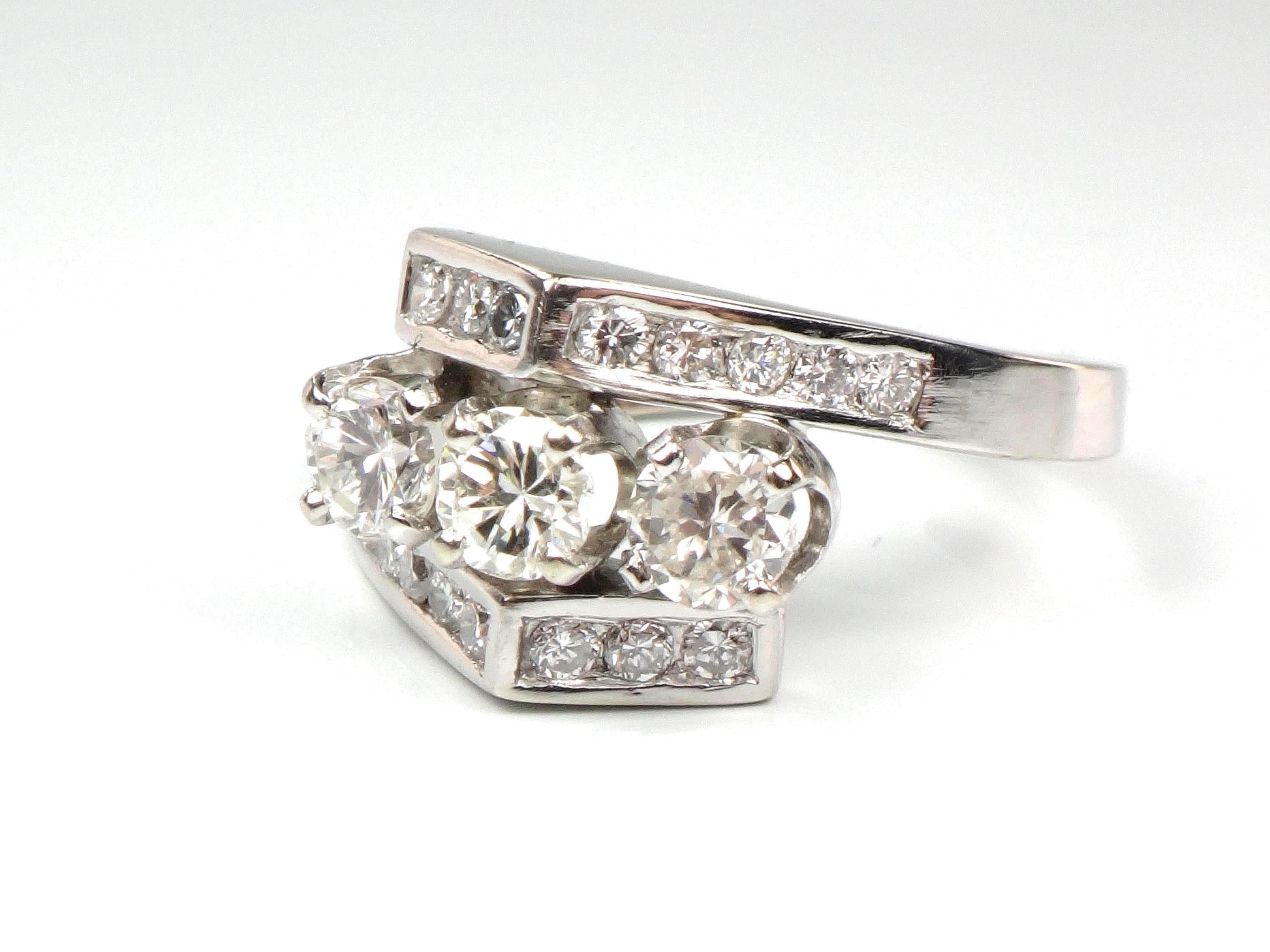 Vintage 14k White Gold Three Diamond Ring: 1.15 CT TDW, Size 6.75-BelmarJewelers