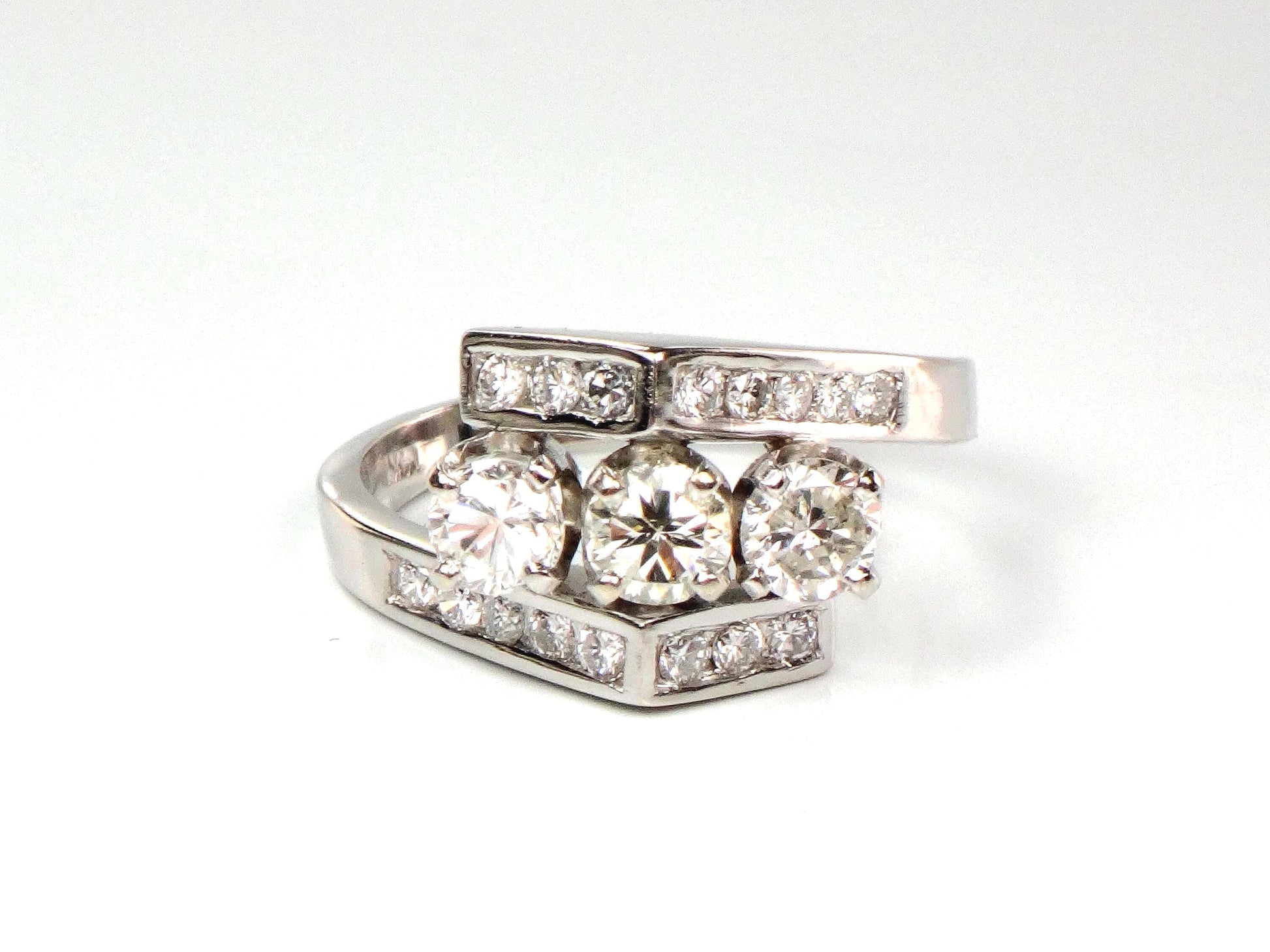 Vintage 14k White Gold Three Diamond Ring: 1.15 CT TDW, Size 6.75-BelmarJewelers