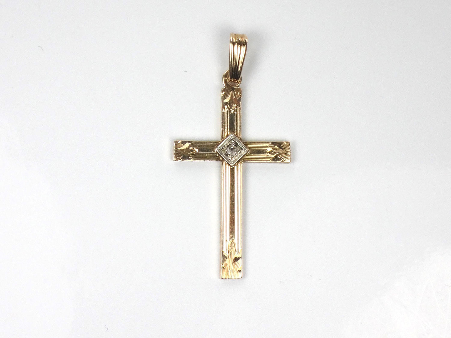 Vintage 14k Gold Engraved Cross with Diamond - Art Deco Style-BelmarJewelers