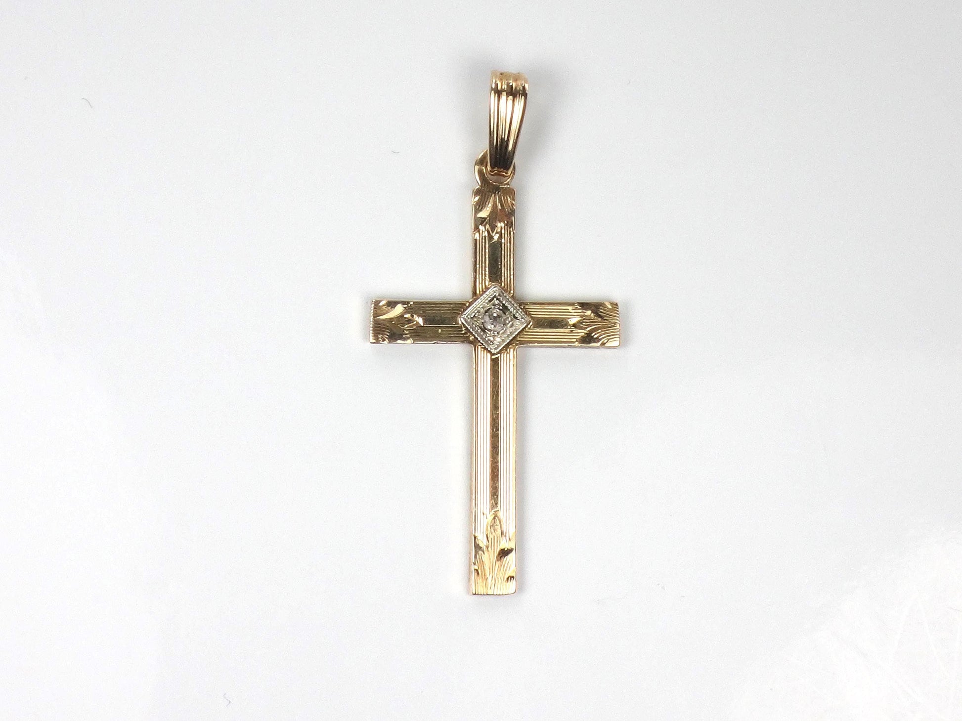 Vintage 14k Gold Engraved Cross with Diamond - Art Deco Style-BelmarJewelers