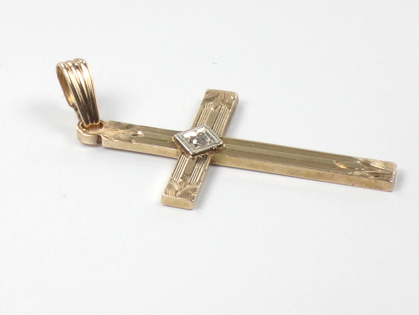 Vintage 14k Gold Engraved Cross with Diamond - Art Deco Style-BelmarJewelers