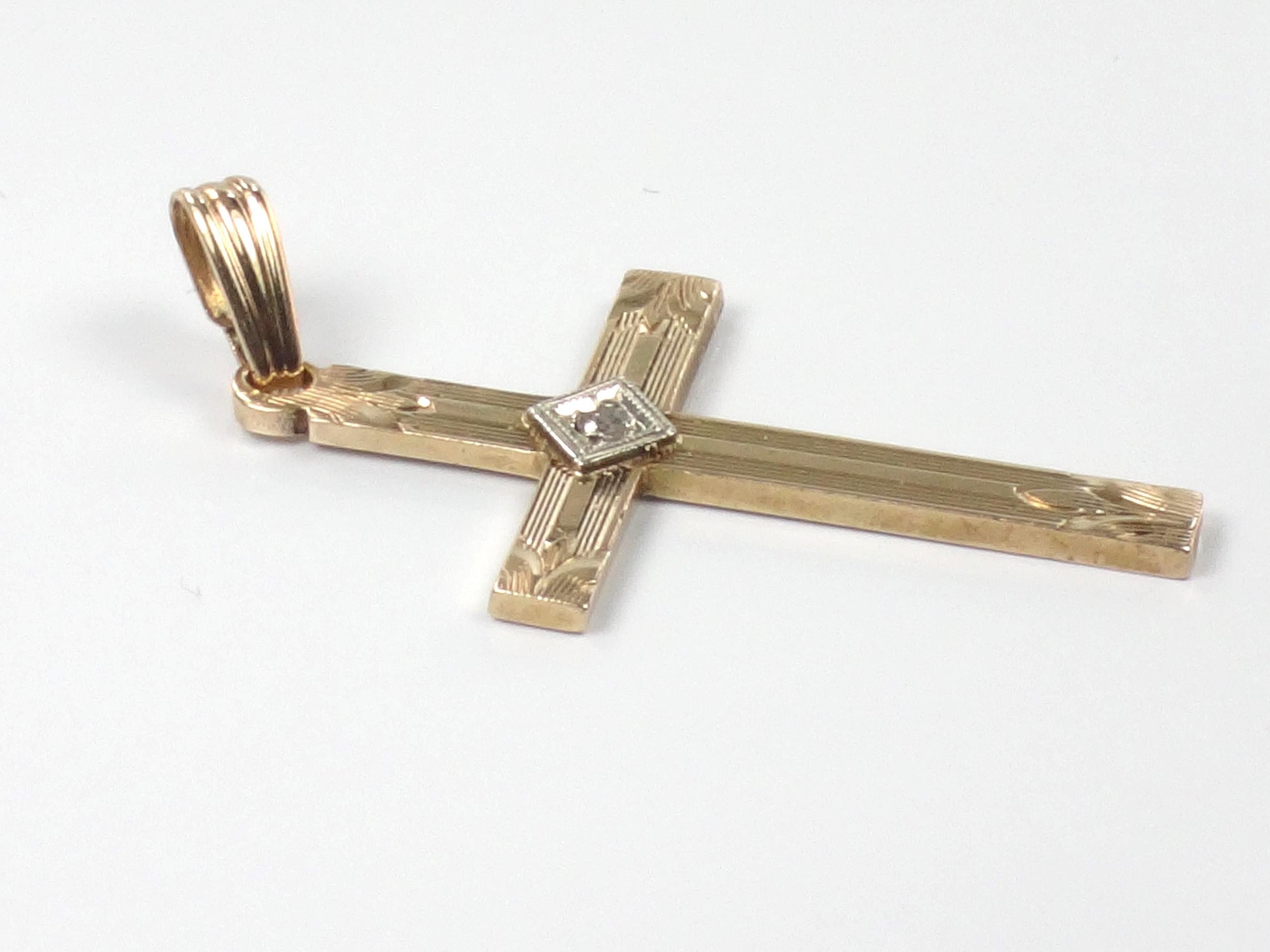 Vintage 14k Gold Engraved Cross with Diamond - Art Deco Style-BelmarJewelers
