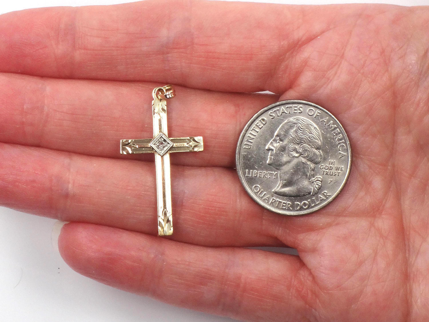 Vintage 14k Gold Engraved Cross with Diamond - Art Deco Style-BelmarJewelers