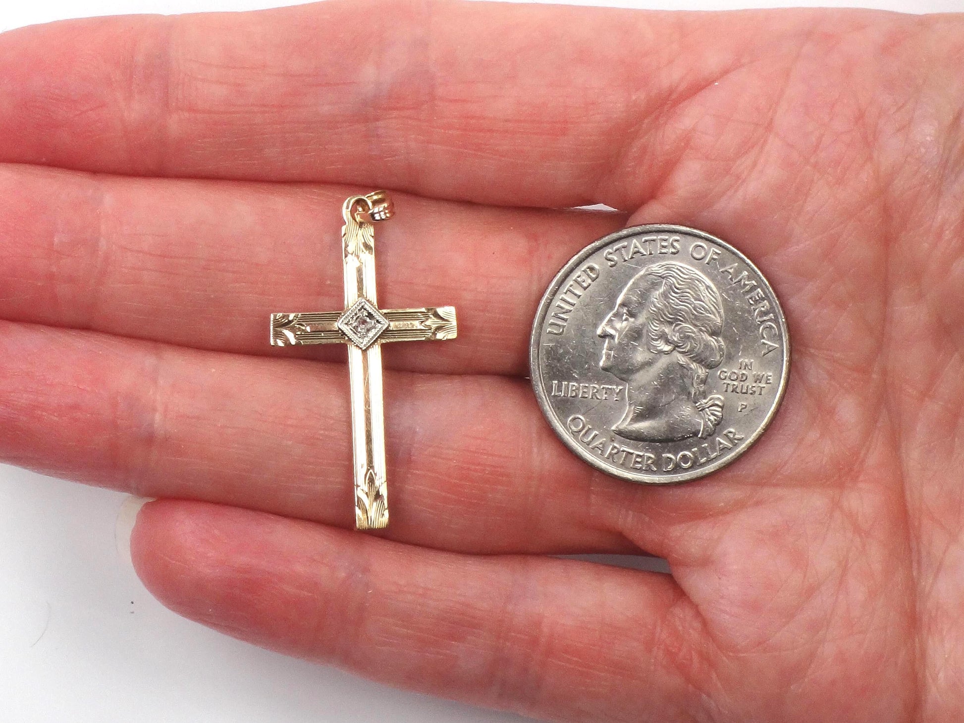 Vintage 14k Gold Engraved Cross with Diamond - Art Deco Style-BelmarJewelers