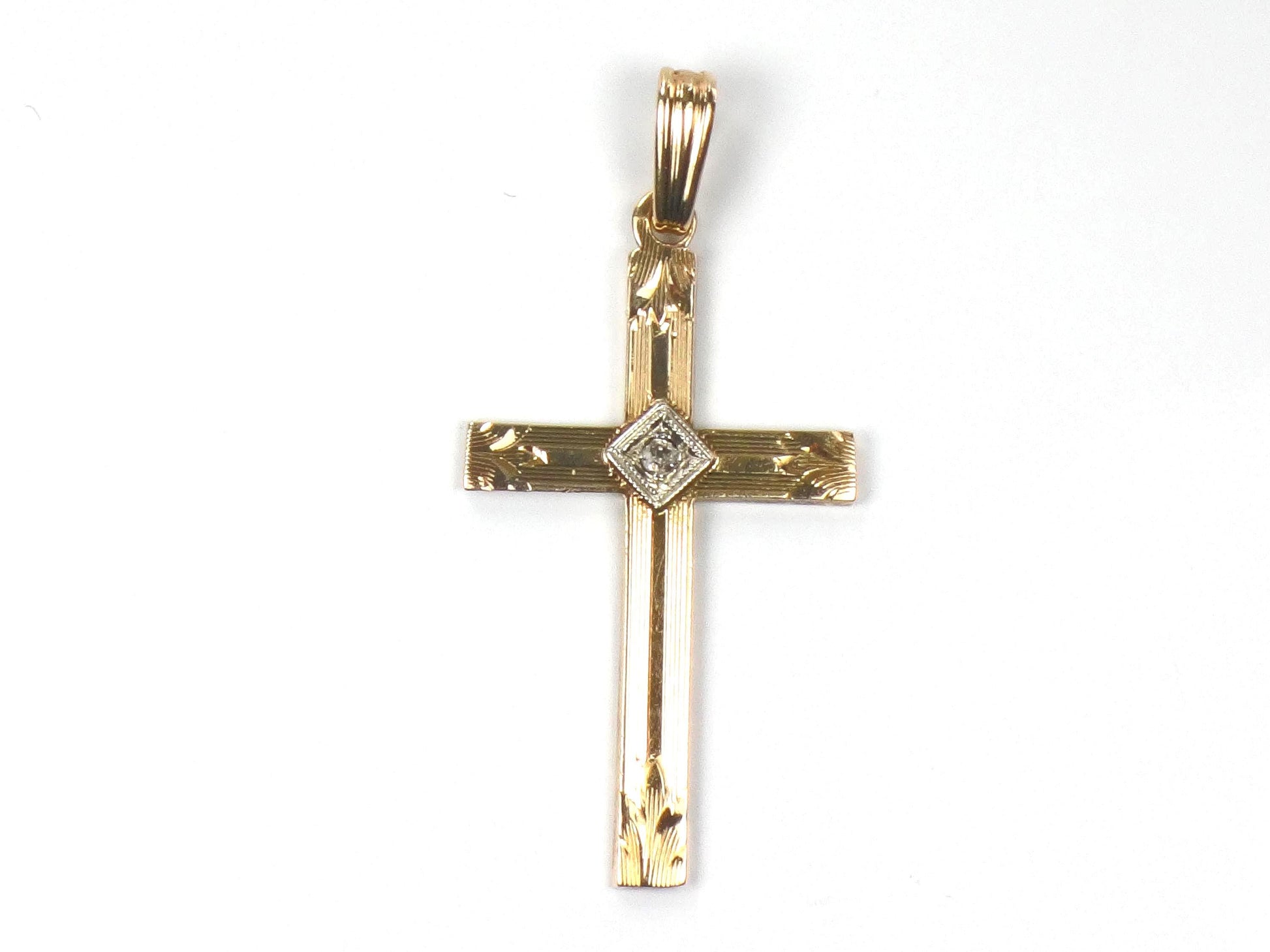 Vintage 14k Gold Engraved Cross with Diamond - Art Deco Style-BelmarJewelers