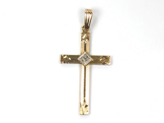 Vintage 14k Gold Engraved Cross with Diamond - Art Deco Style-BelmarJewelers