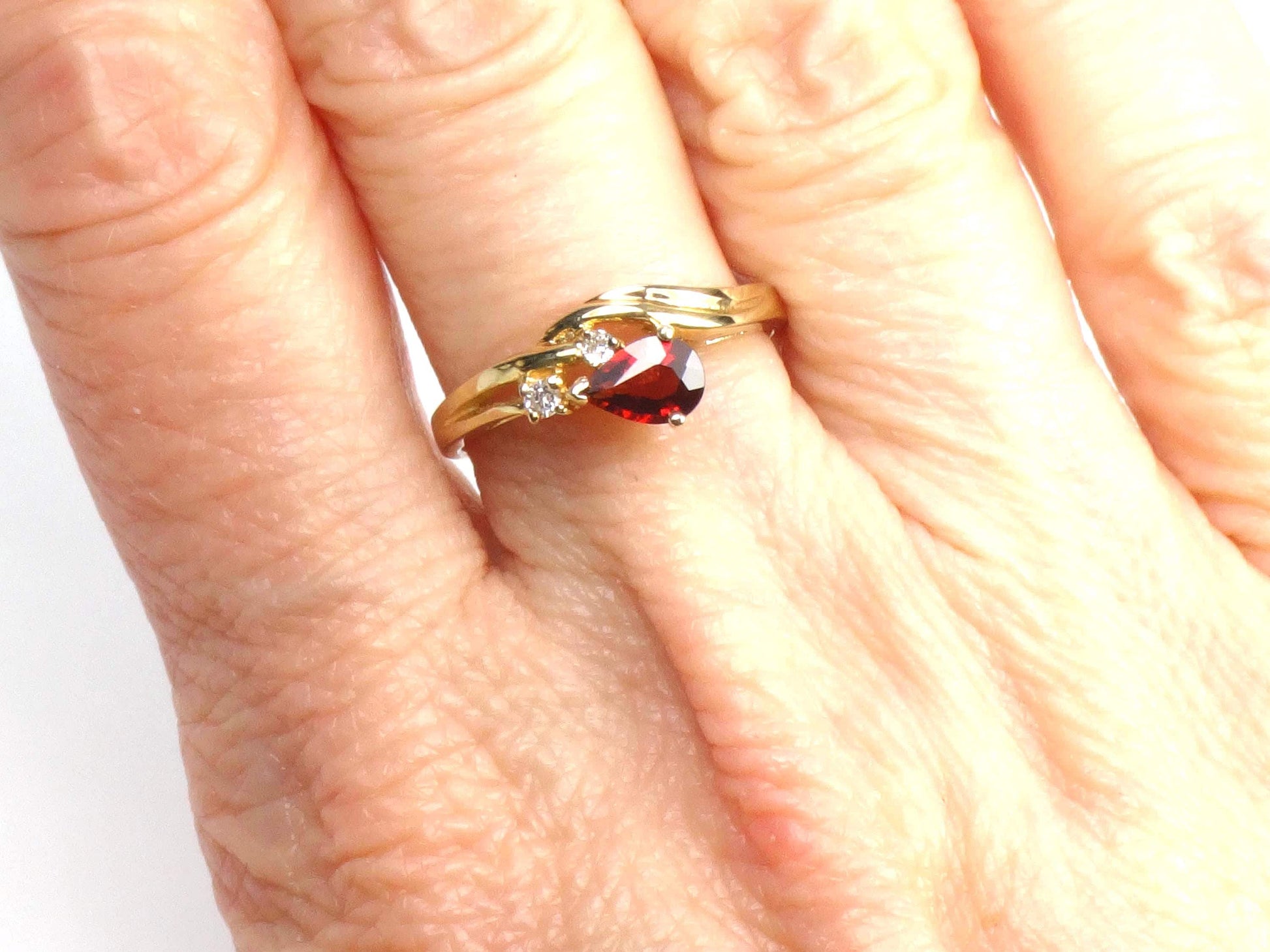 Vintage 14k Yellow Gold Pear Cut Garnet and Diamond Ring - Size 6-BelmarJewelers