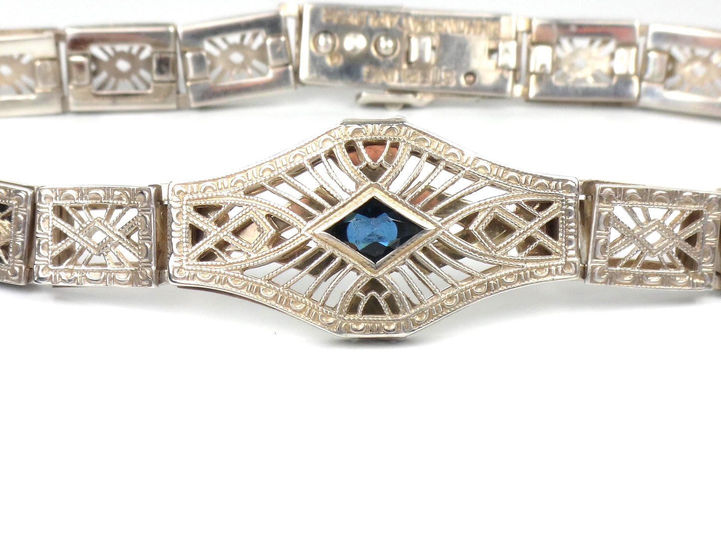 Vintage Art Deco Sterling Silver and Blue Glass Filigree Bracelet 7"-BelmarJewelers