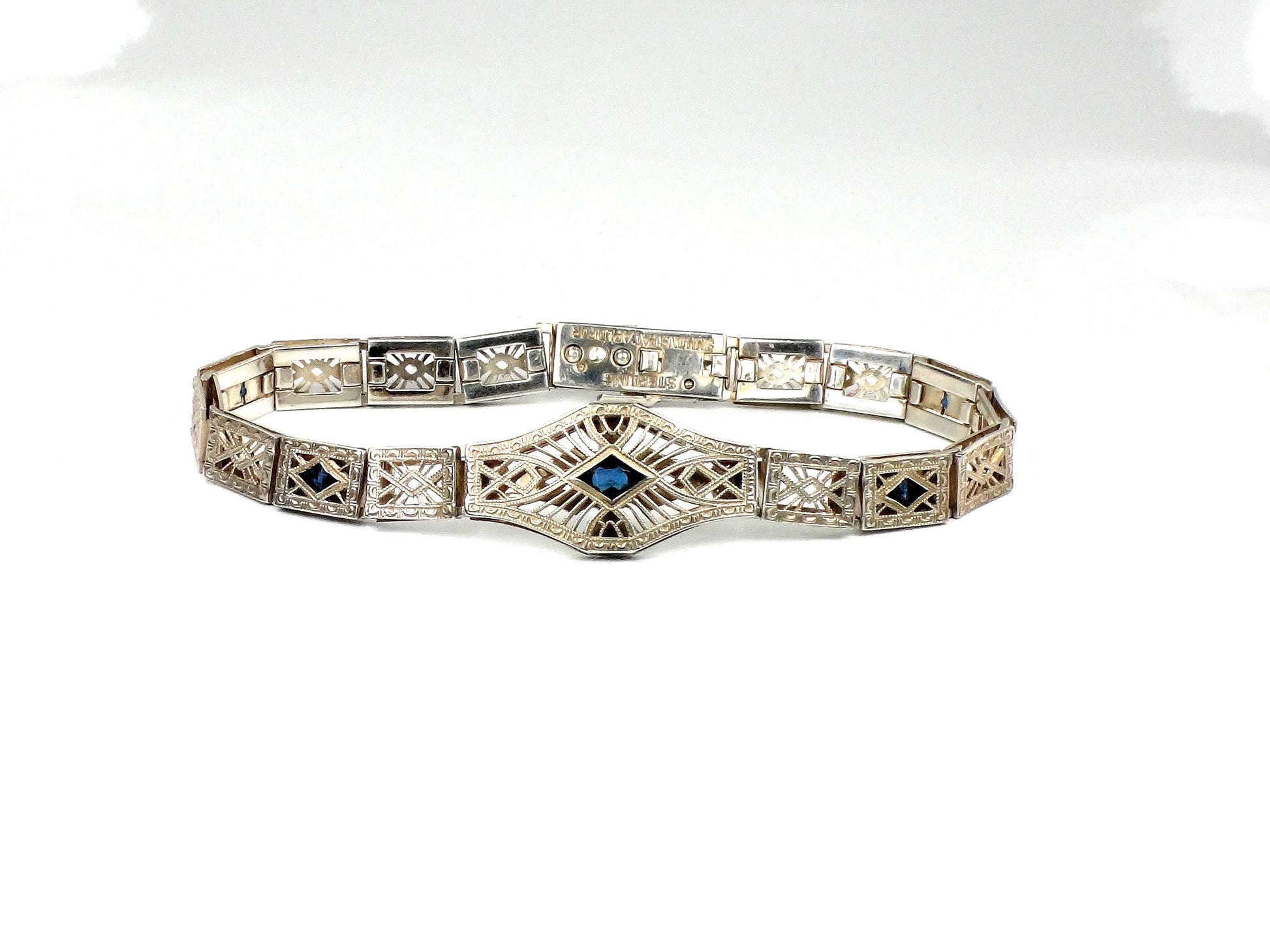 Vintage Art Deco Sterling Silver and Blue Glass Filigree Bracelet 7"-BelmarJewelers