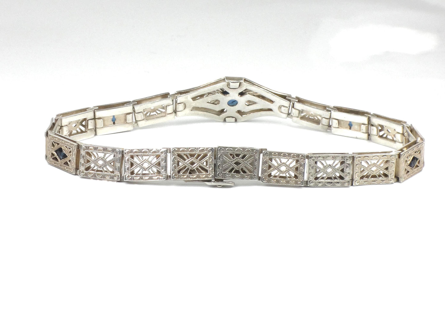 Vintage Art Deco Sterling Silver and Blue Glass Filigree Bracelet 7"-BelmarJewelers
