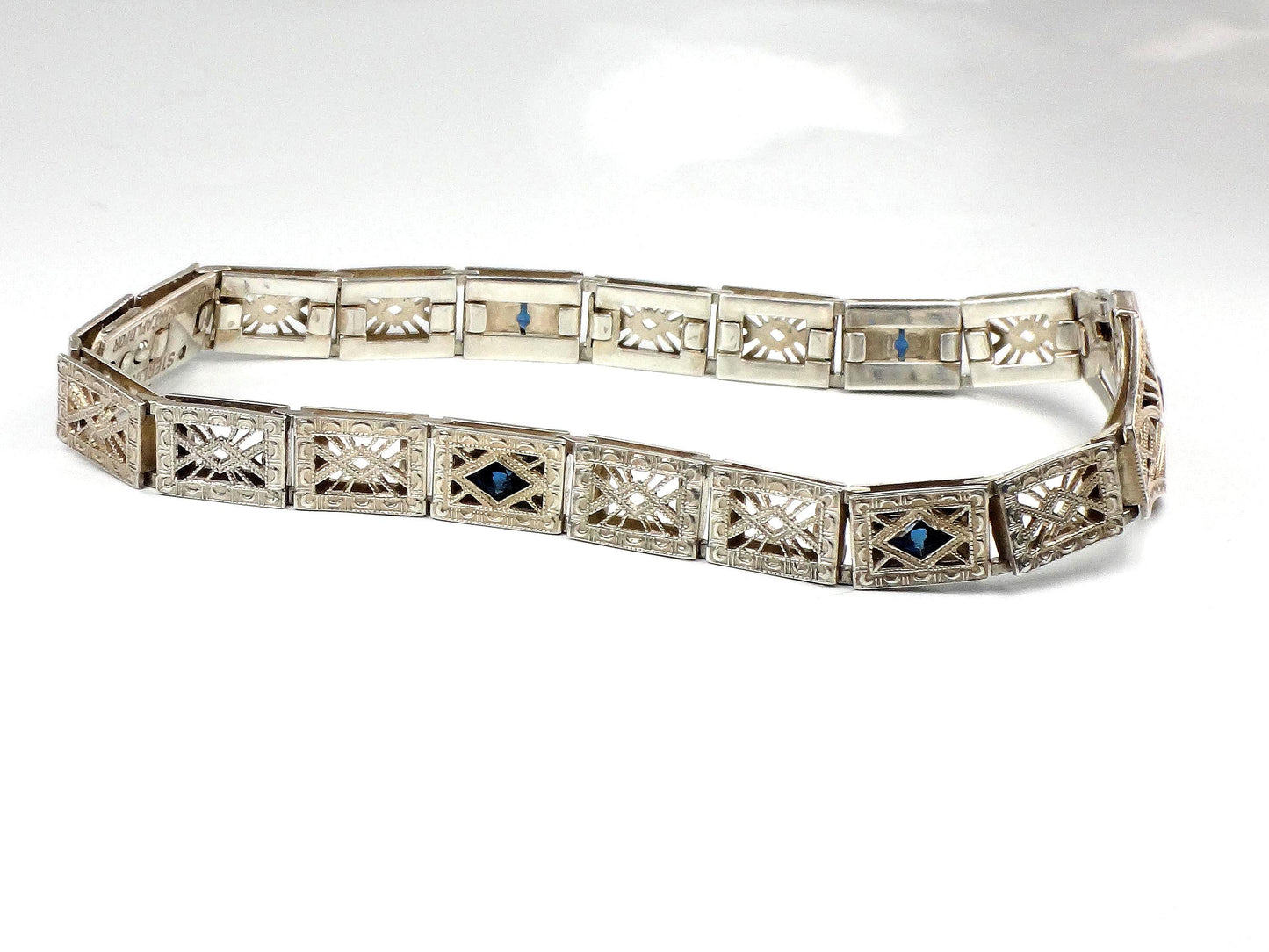 Vintage Art Deco Sterling Silver and Blue Glass Filigree Bracelet 7"-BelmarJewelers