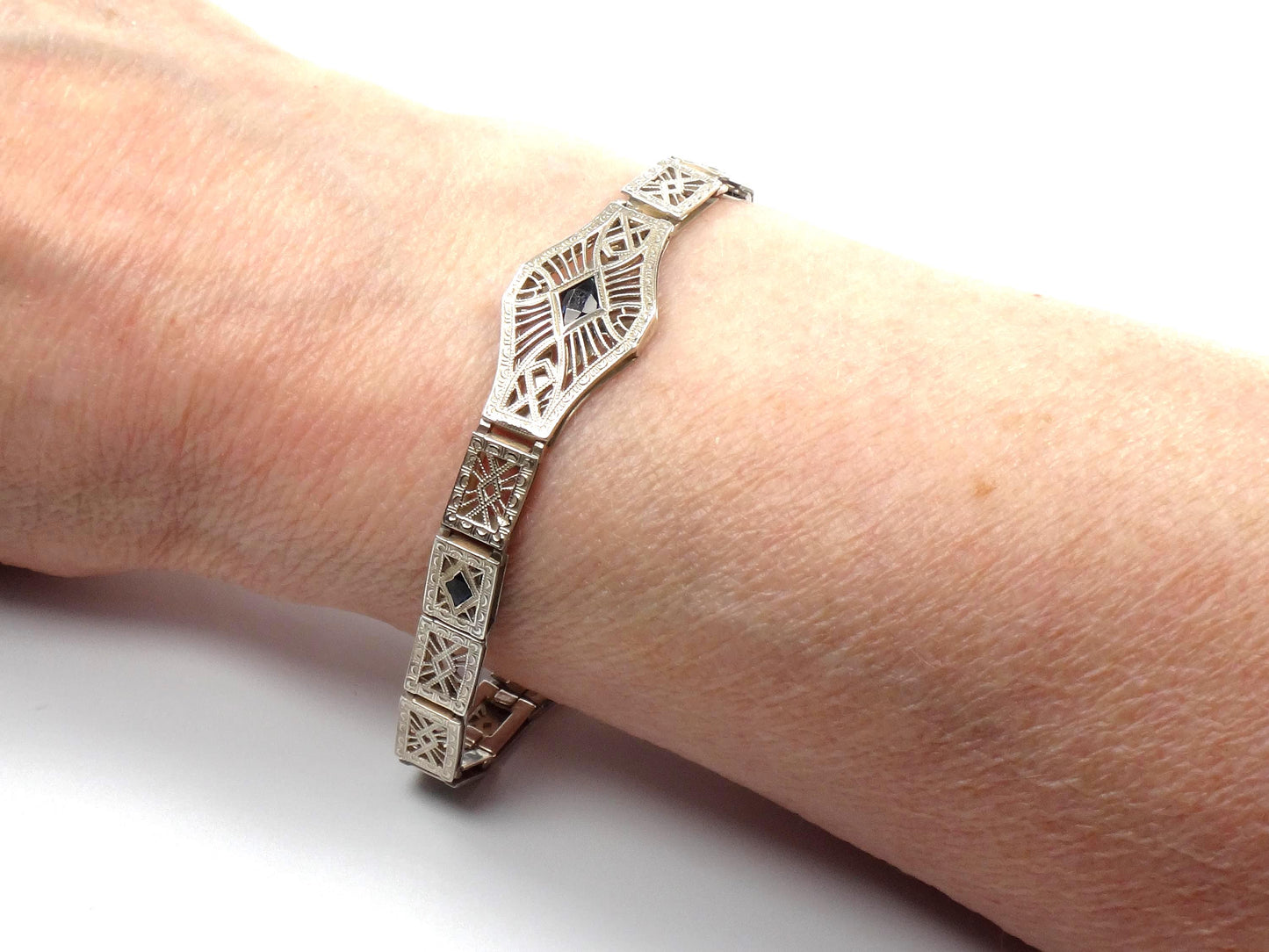 Vintage Art Deco Sterling Silver and Blue Glass Filigree Bracelet 7"-BelmarJewelers