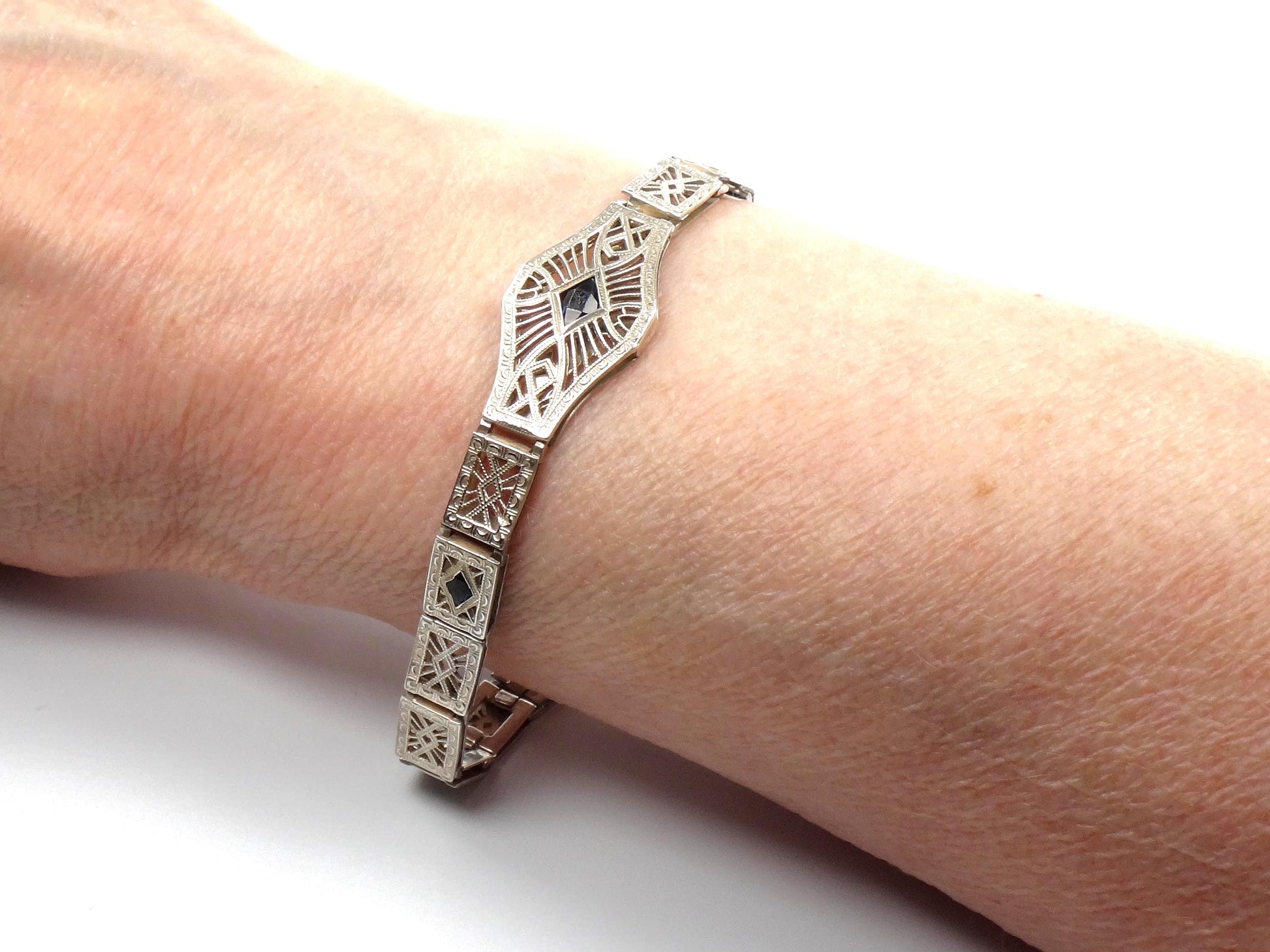 Vintage Art Deco Sterling Silver and Blue Glass Filigree Bracelet 7"-BelmarJewelers