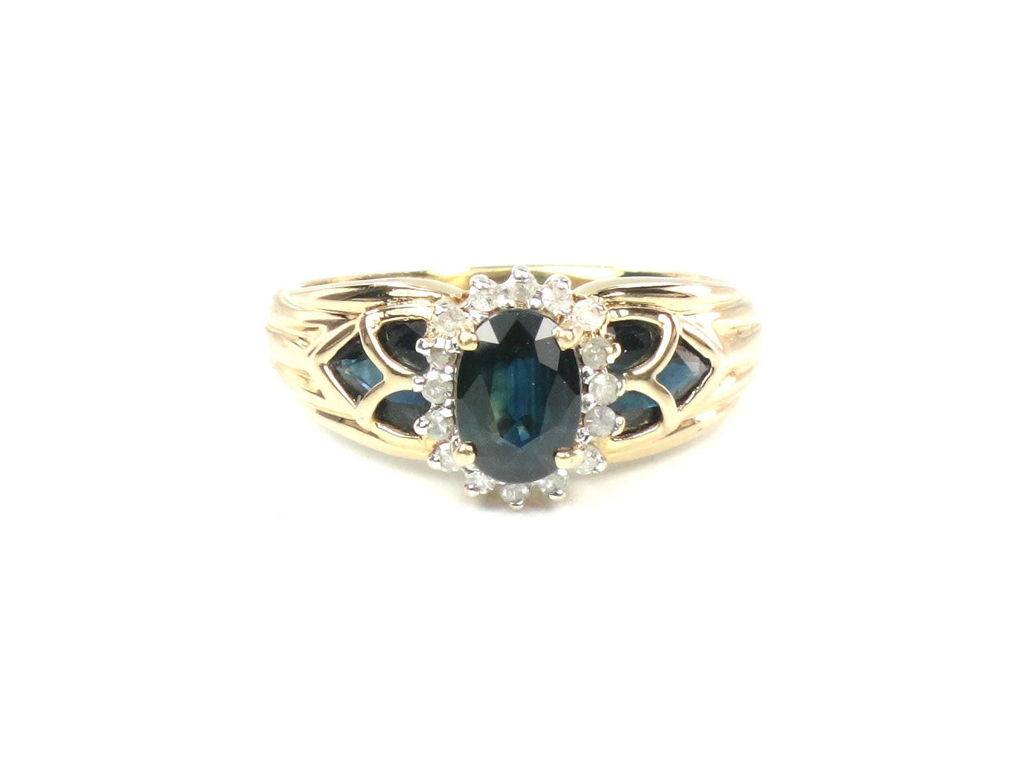 Vintage 14k Yellow Gold Oval Blue Sapphire Diamond Halo Ring, Size 8.75-BelmarJewelers
