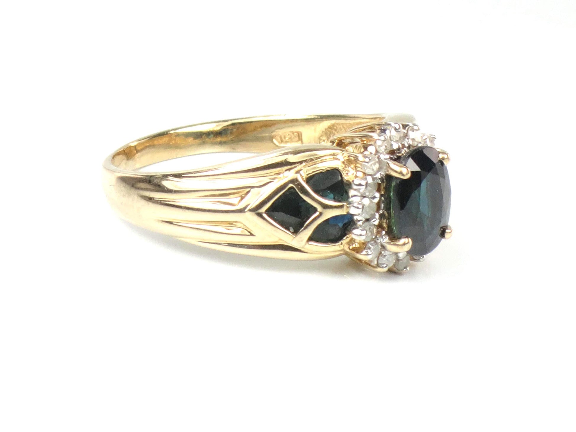 Vintage 14k Yellow Gold Oval Blue Sapphire Diamond Halo Ring, Size 8.75-BelmarJewelers