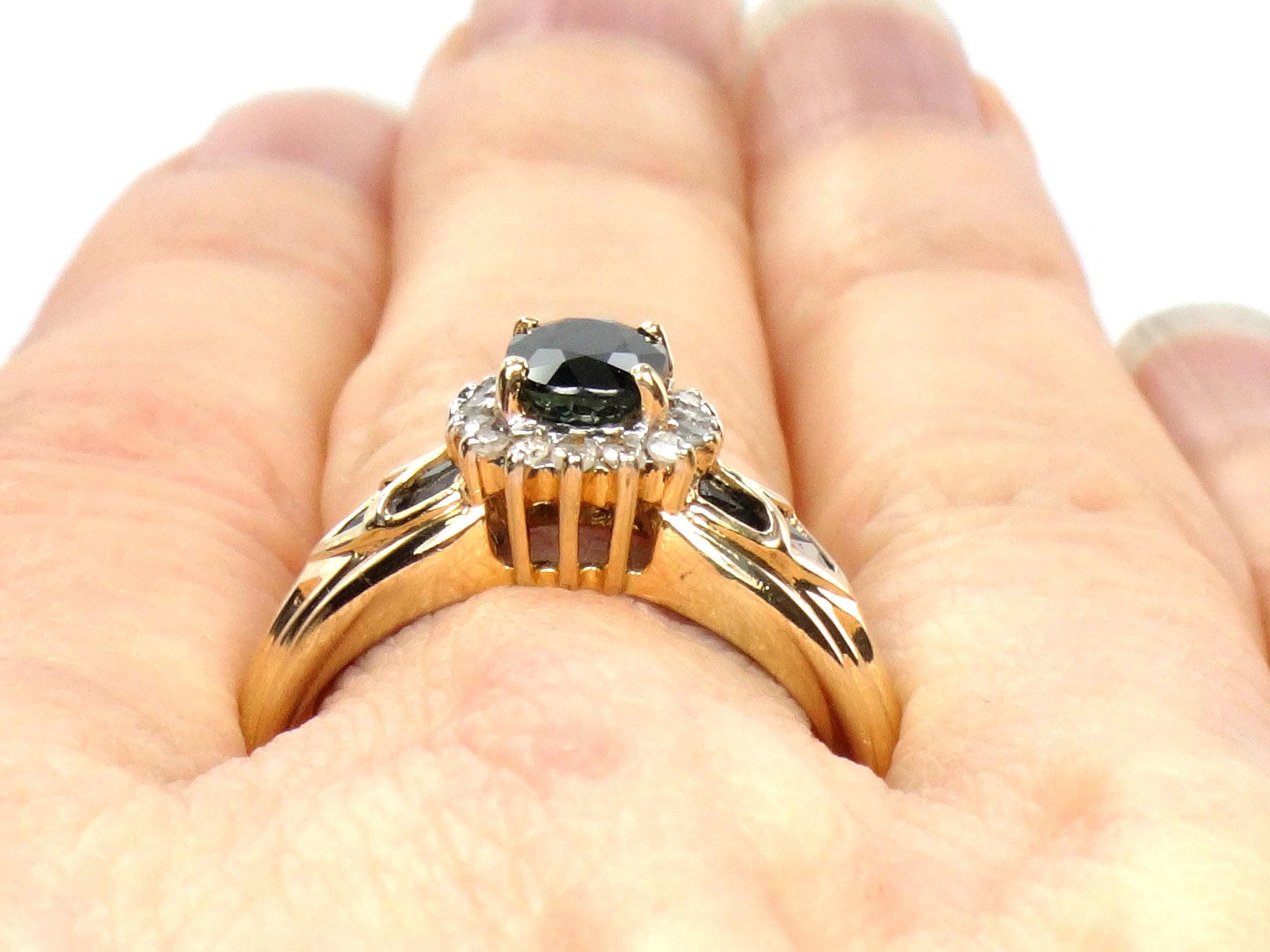Vintage 14k Yellow Gold Oval Blue Sapphire Diamond Halo Ring, Size 8.75-BelmarJewelers