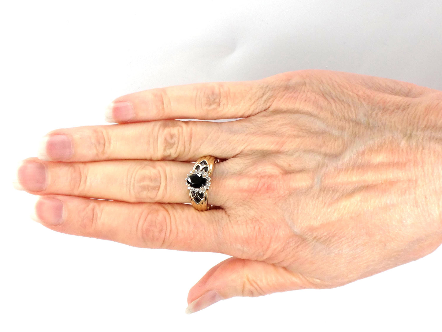 Vintage 14k Yellow Gold Oval Blue Sapphire Diamond Halo Ring, Size 8.75-BelmarJewelers