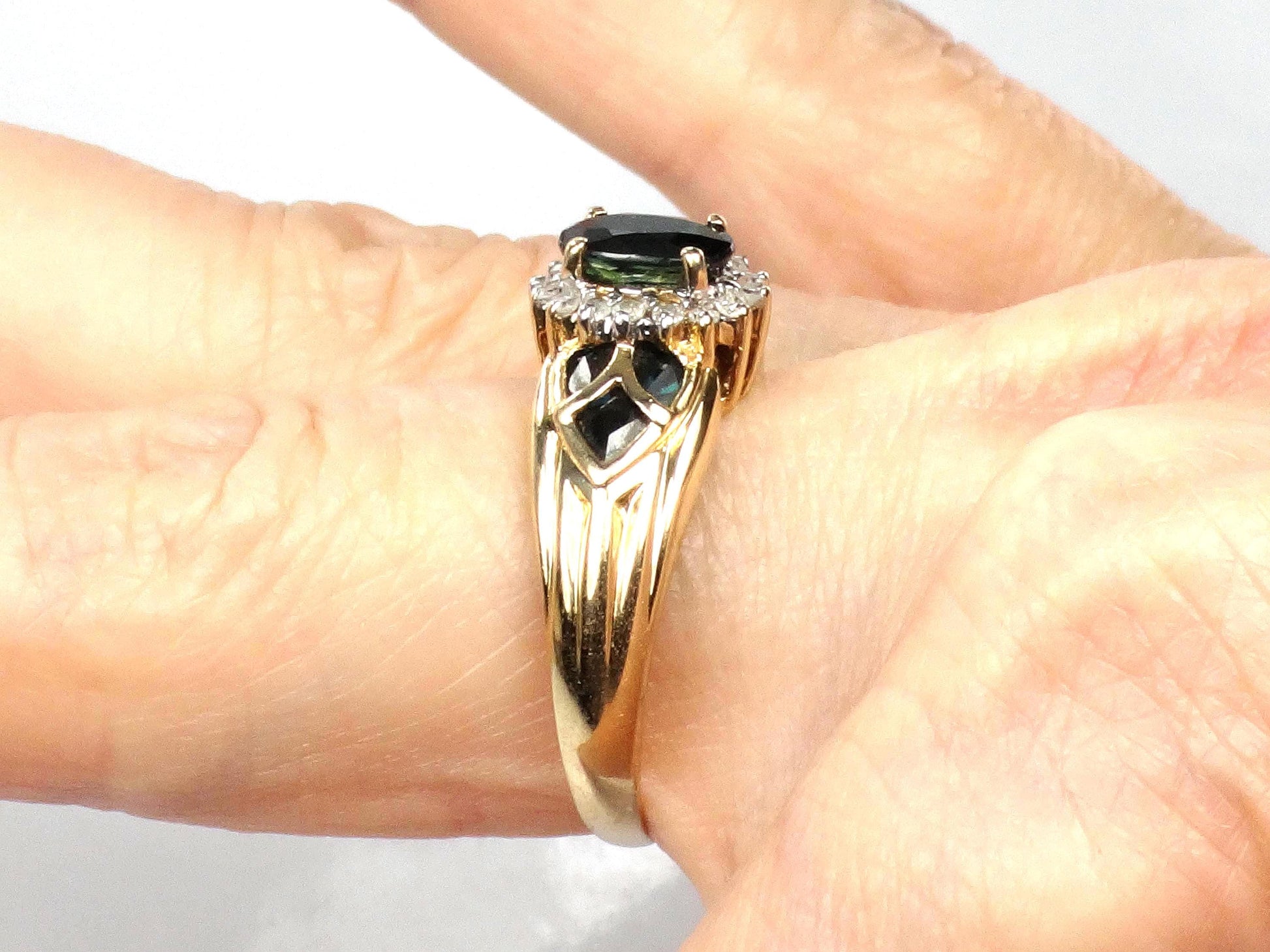 Vintage 14k Yellow Gold Oval Blue Sapphire Diamond Halo Ring, Size 8.75-BelmarJewelers