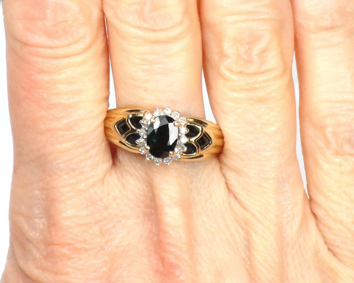 Vintage 14k Yellow Gold Oval Blue Sapphire Diamond Halo Ring, Size 8.75-BelmarJewelers