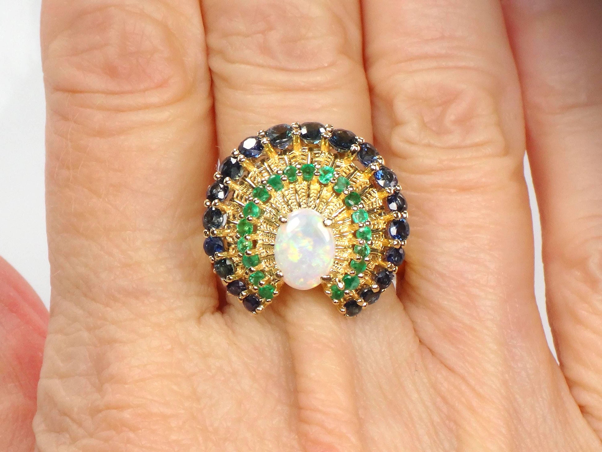Vintage 14k Yellow Gold Opal Sapphire and Emerald Peacock Ring, Size 7.75-BelmarJewelers