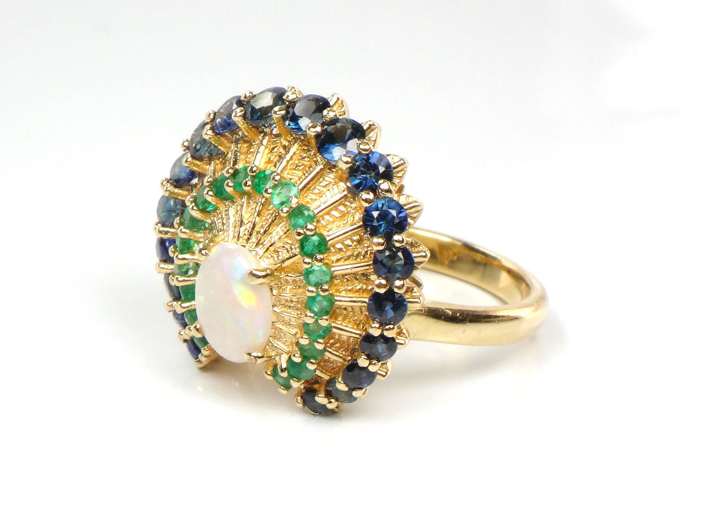 Vintage 14k Yellow Gold Opal Sapphire and Emerald Peacock Ring, Size 7.75-BelmarJewelers