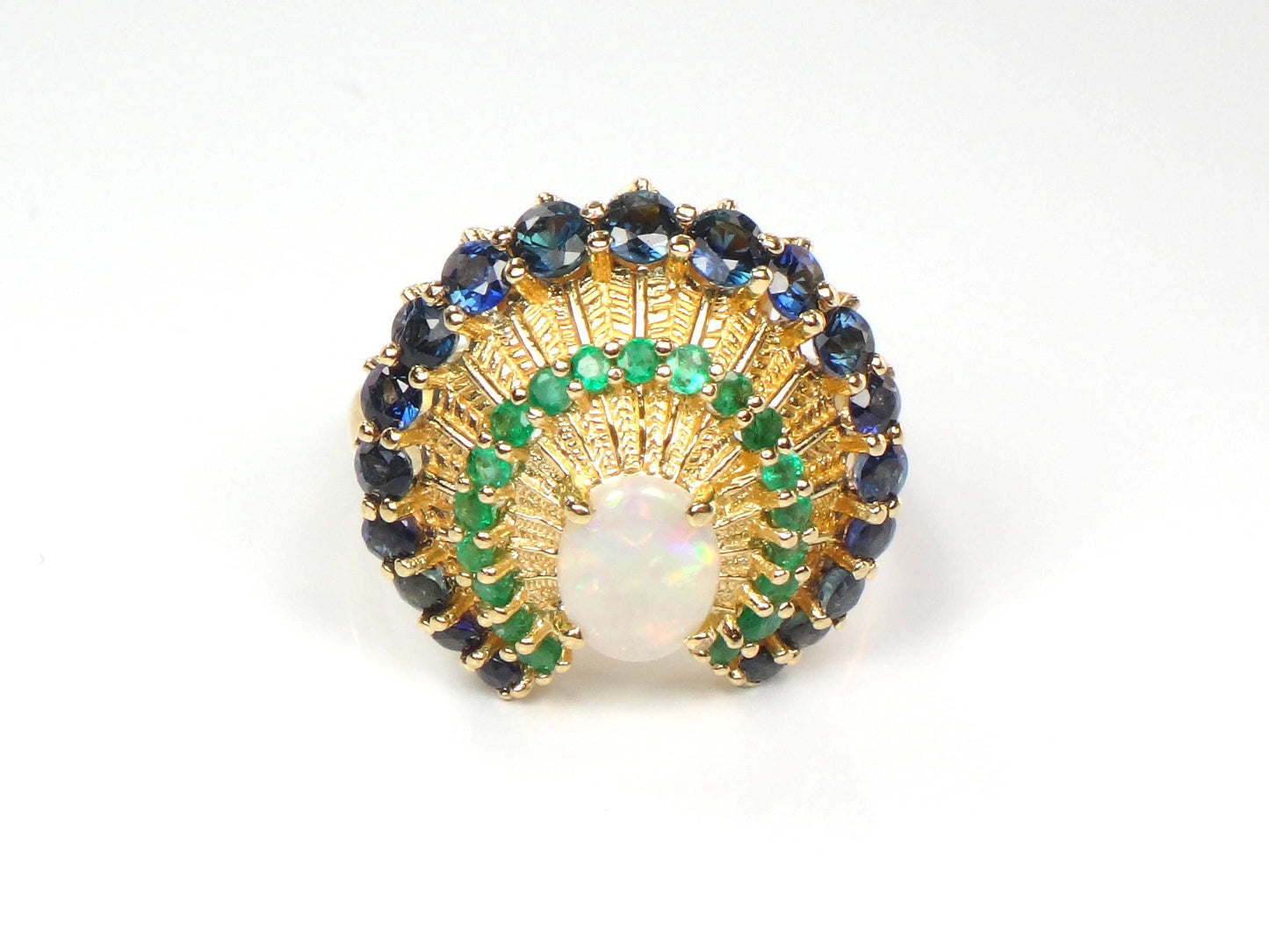 Vintage 14k Yellow Gold Opal Sapphire and Emerald Peacock Ring, Size 7.75-BelmarJewelers