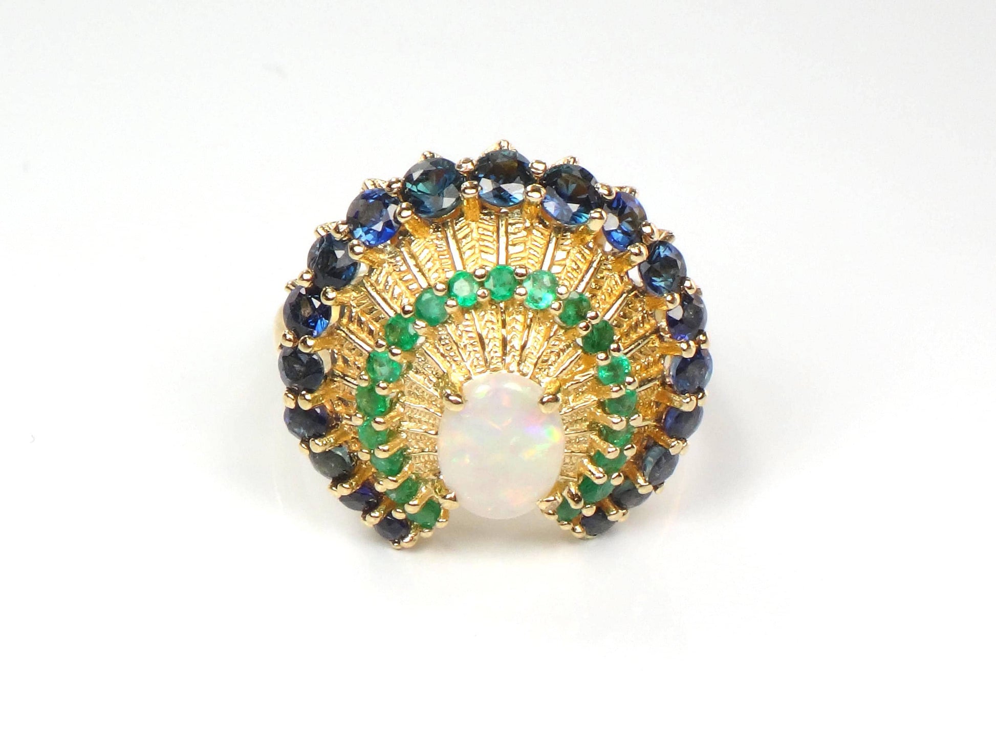 Vintage 14k Yellow Gold Opal Sapphire and Emerald Peacock Ring, Size 7.75-BelmarJewelers