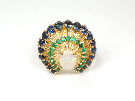 Vintage 14k Yellow Gold Opal Sapphire and Emerald Peacock Ring, Size 7.75-BelmarJewelers