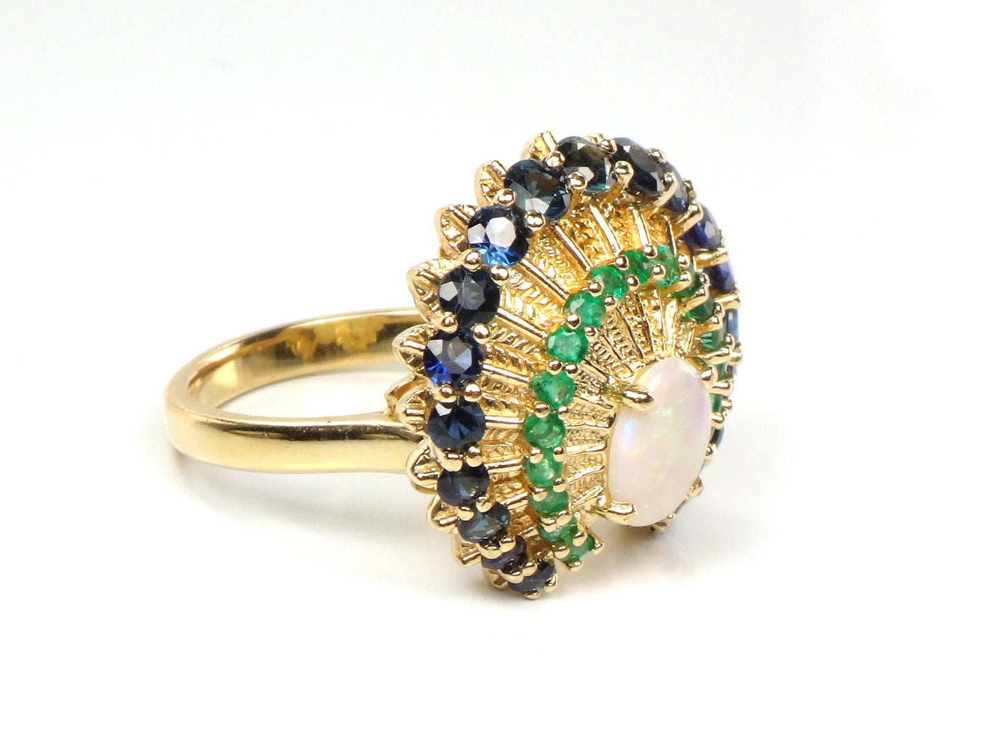 Vintage 14k Yellow Gold Opal Sapphire and Emerald Peacock Ring, Size 7.75-BelmarJewelers