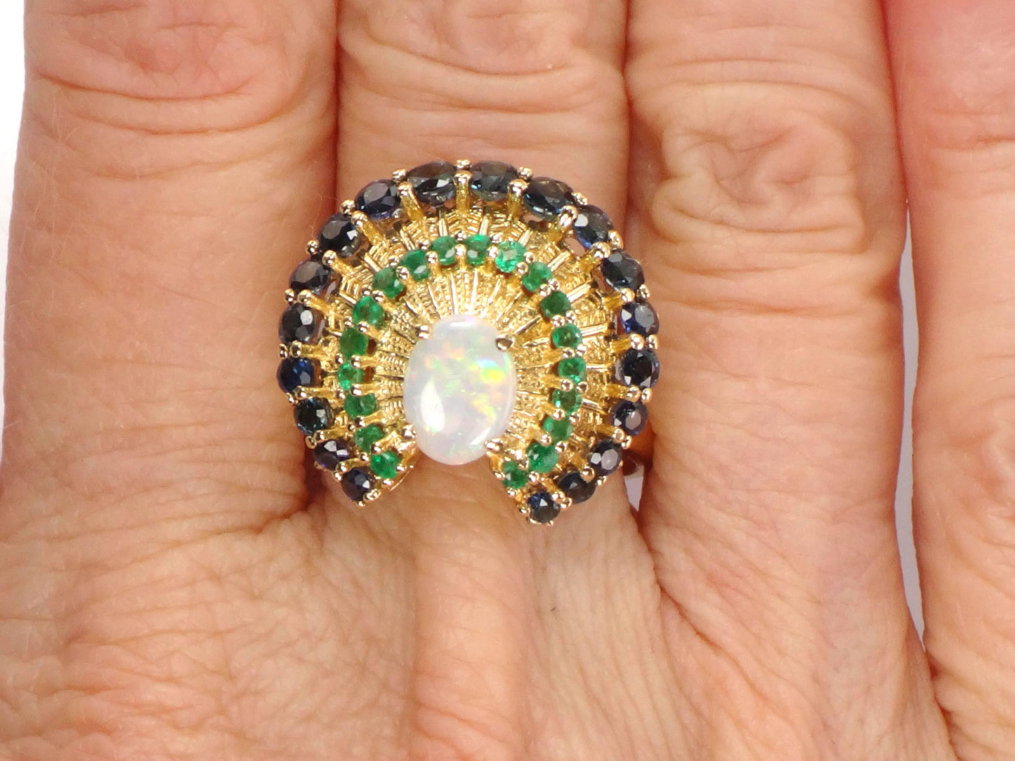 Vintage 14k Yellow Gold Opal Sapphire and Emerald Peacock Ring, Size 7.75-BelmarJewelers